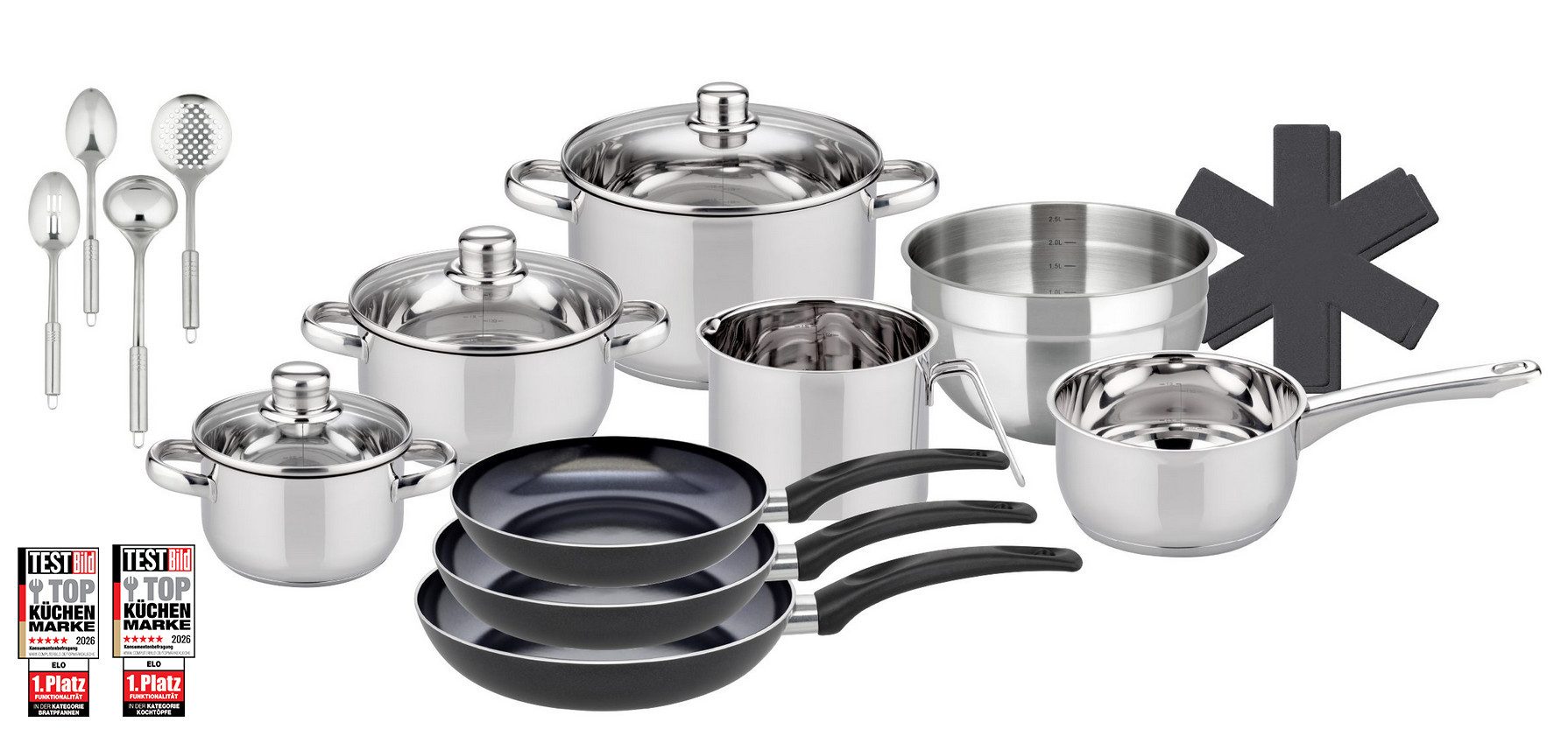 Elo Basic Topf-Set Galactica, Edelstahl 201 (Set, 18-tlg., 5 Töpfe,3 Deckel, 3 Pfannen,1 Schüssel,4 Küchenhelfer, 2 Stapelschutz), Induktion