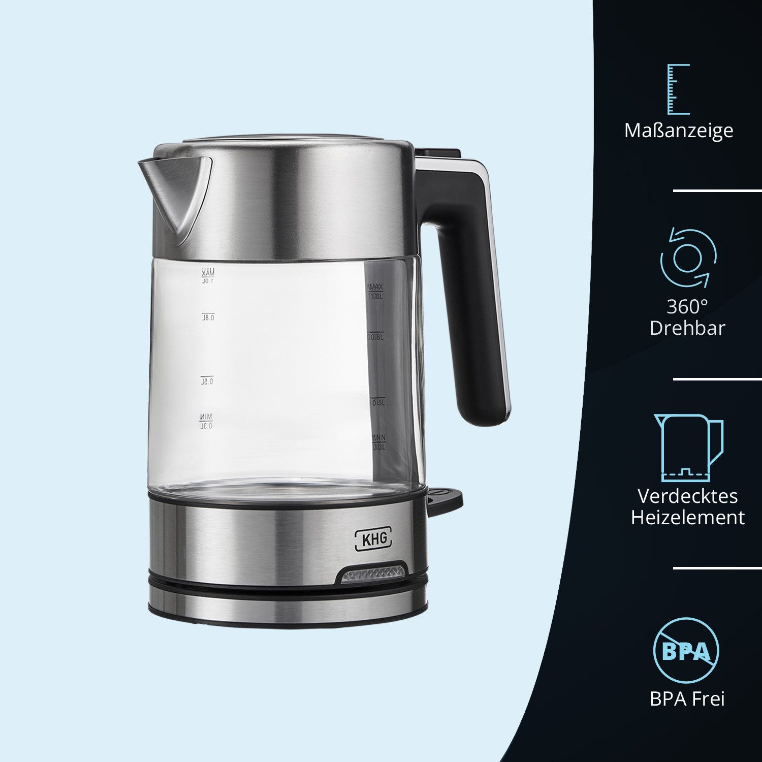 KHG Wasserkocher WK-106 GE, 1 Liter, aus Glas & Edehstahl mit abwaschbarem Kalkfilter, 1 l