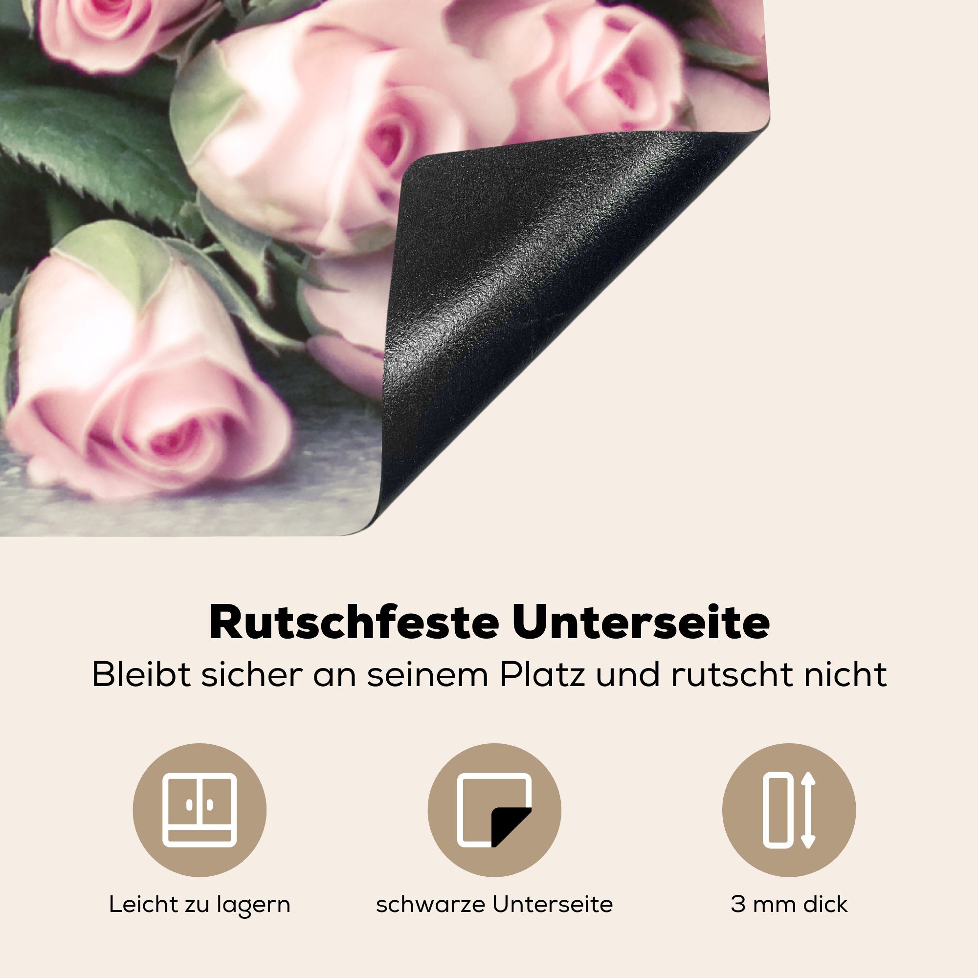 MuchoWow Herdblende-/Abdeckplatte Rosen (1 küche cm, Rosa - Ceranfeldabdeckung, 78x78 Arbeitsplatte - Vinyl, für Stein, tlg)