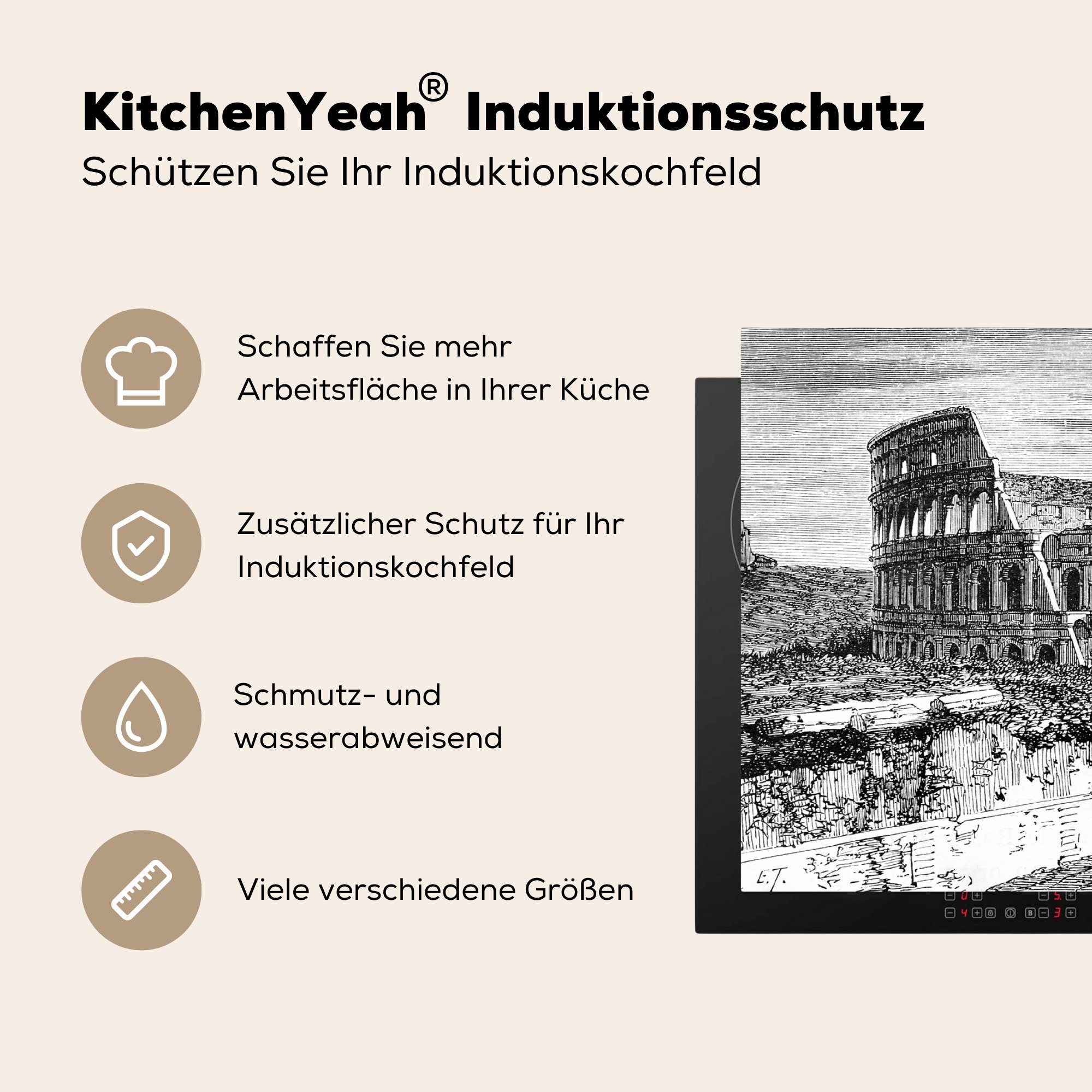 Schwarz-Weiß-Abbildung küche in cm, tlg), Vinyl, Herdblende-/Abdeckplatte 83x51 MuchoWow des Arbeitsplatte Rom, Kolosseums für (1 Ceranfeldabdeckung,