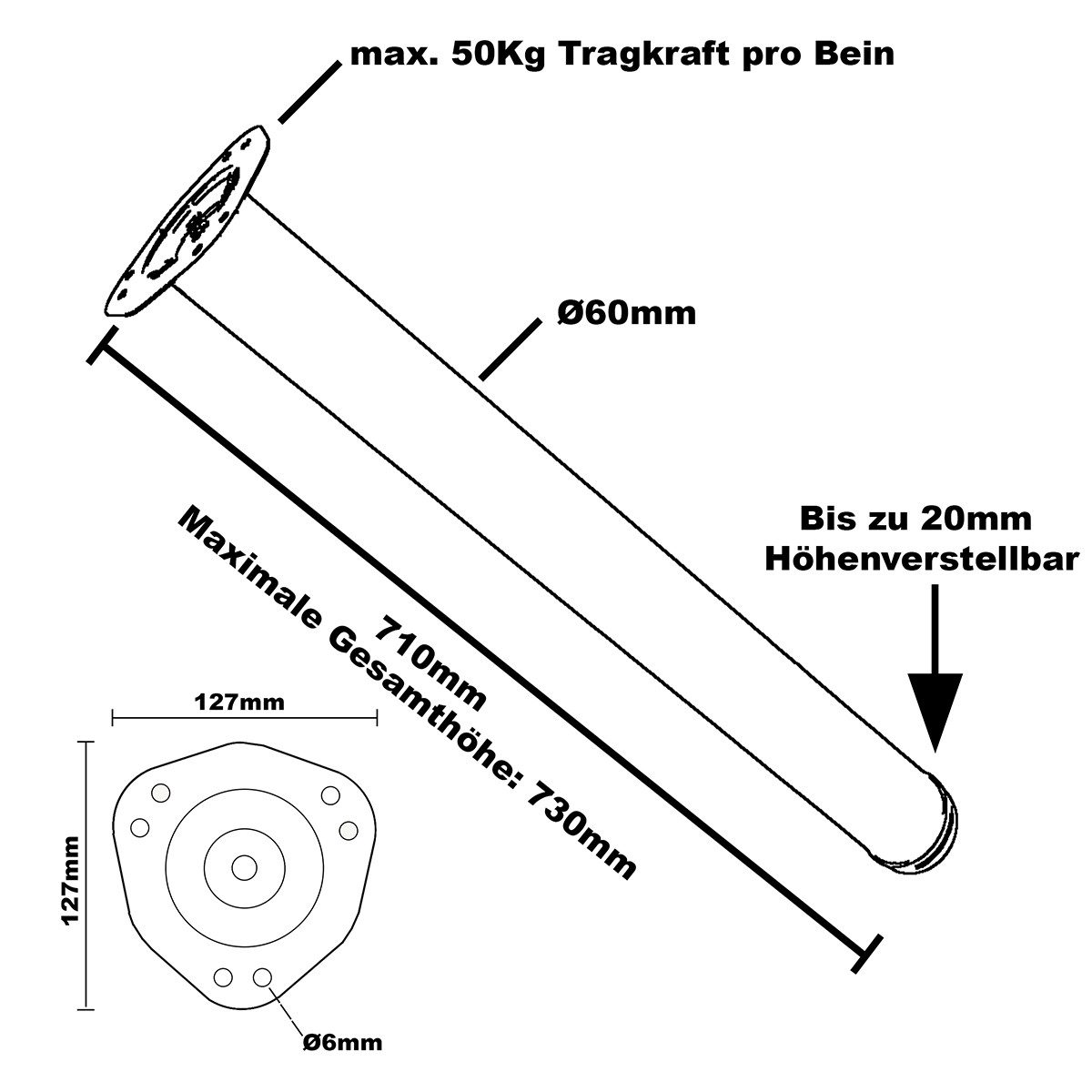 MS Beschläge Tischbein Tischfüße 710mm Schwarz matt - Set DIY Tischstütze, Ø 60mm Metall Esstischbein - höhenverstellbar