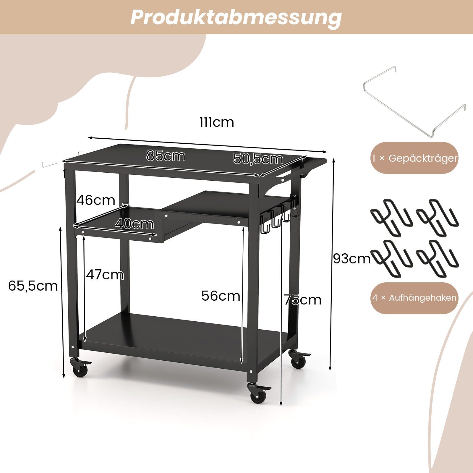 COSTWAY Grillablagetisch, mit 4 Ablagen, 4 Rollen & Haken, 111x50,5x93cm