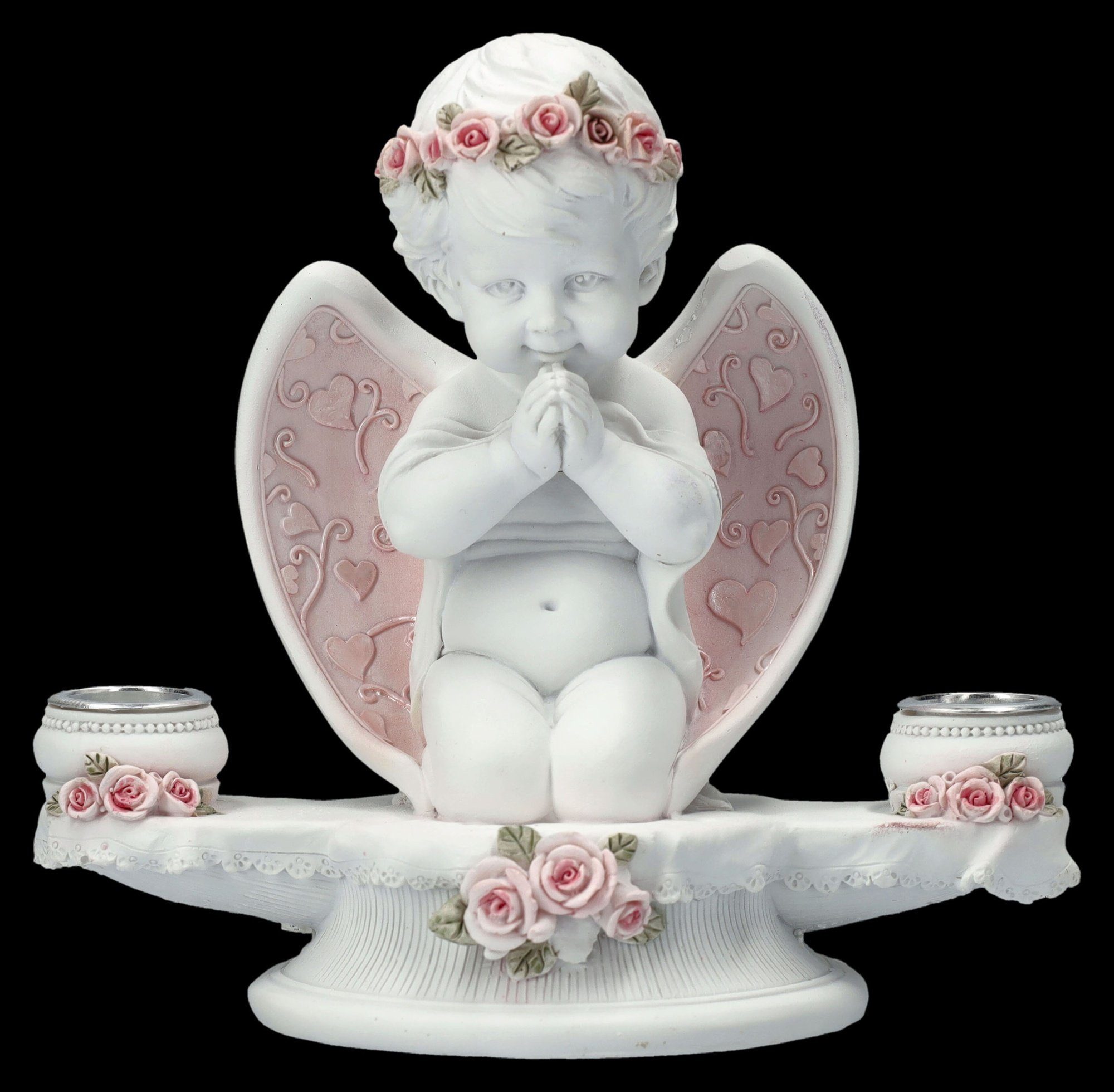 Figuren Shop GmbH Kerzenhalter Kerzenhalter Engel - Putte mit rosa Rosen - Dekoration Engel Cherub