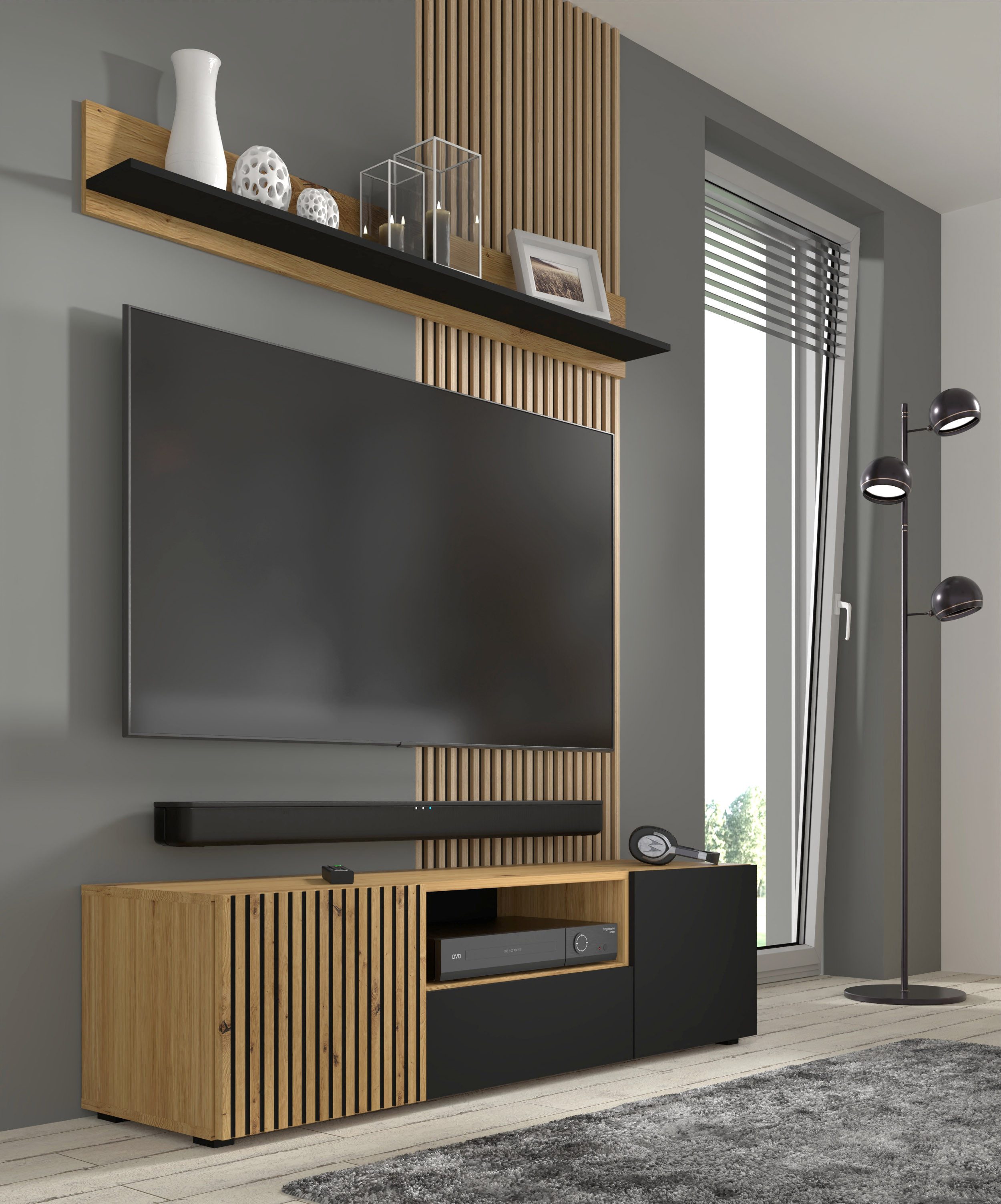 Raumhirsch Furniture Lowboard TV Schrank, RTV Möbel, Wohnmöbel mit Stauraum (Maße: 150 x 42 x 42 (H) cm, mit 3 Türen, Offenes Fach), Kabeldurchführung, Lamellenfront, Push to Open, Grifflos