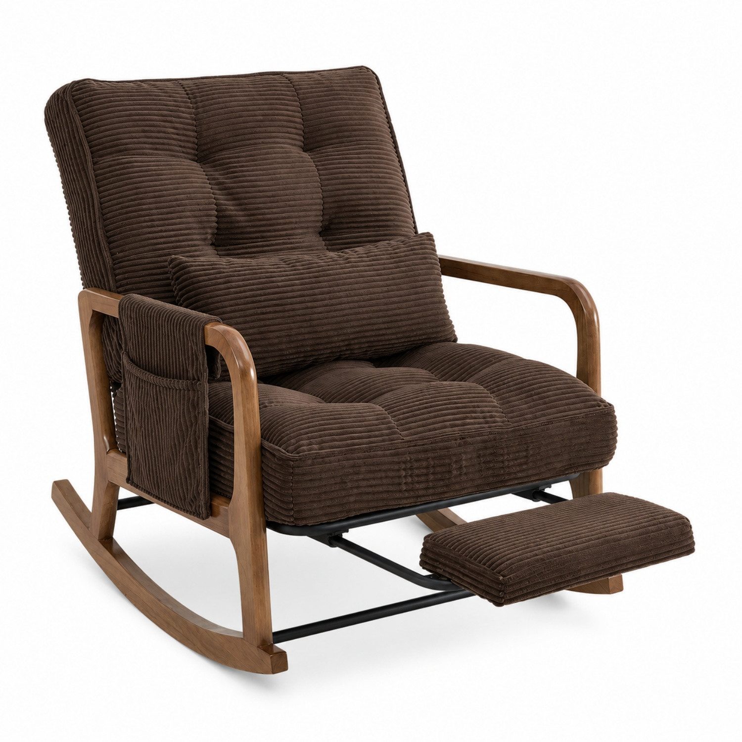 ANYSUN Schaukelstuhl Relaxsessel mit Fußstütze, Seitentasche & verstellbarer Rückenlehne, Lesesessel aus Cord, Massivholzgestell, Lendenkissen, bis 150 kg