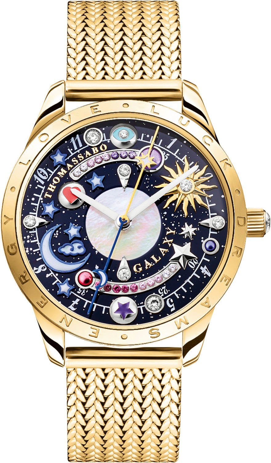 THOMAS SABO Quarzuhr COSMIC AMULET WA0403-264-207-33 MM, Armbanduhr, Damenuhr, Zirkonia, Herz, Mond, Sterne, Edelstahlarmband