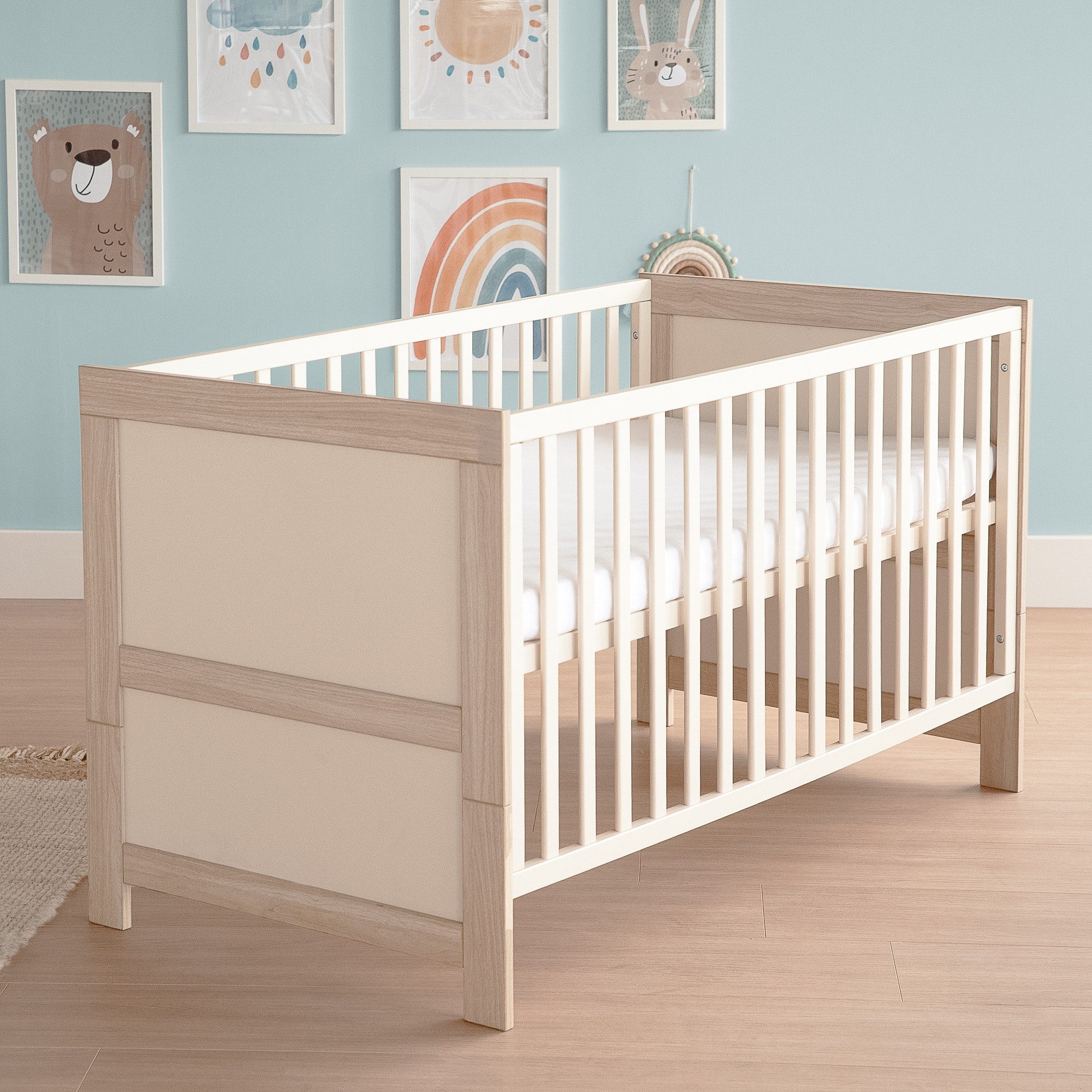 roba® Babybett Momo - 70 x 140 cm - mitwachsendes Gitterbett - Höhenverstellbar, Schlupfsprossen - Umbaubar zum Juniorbett - Holz Cashmere lackiert