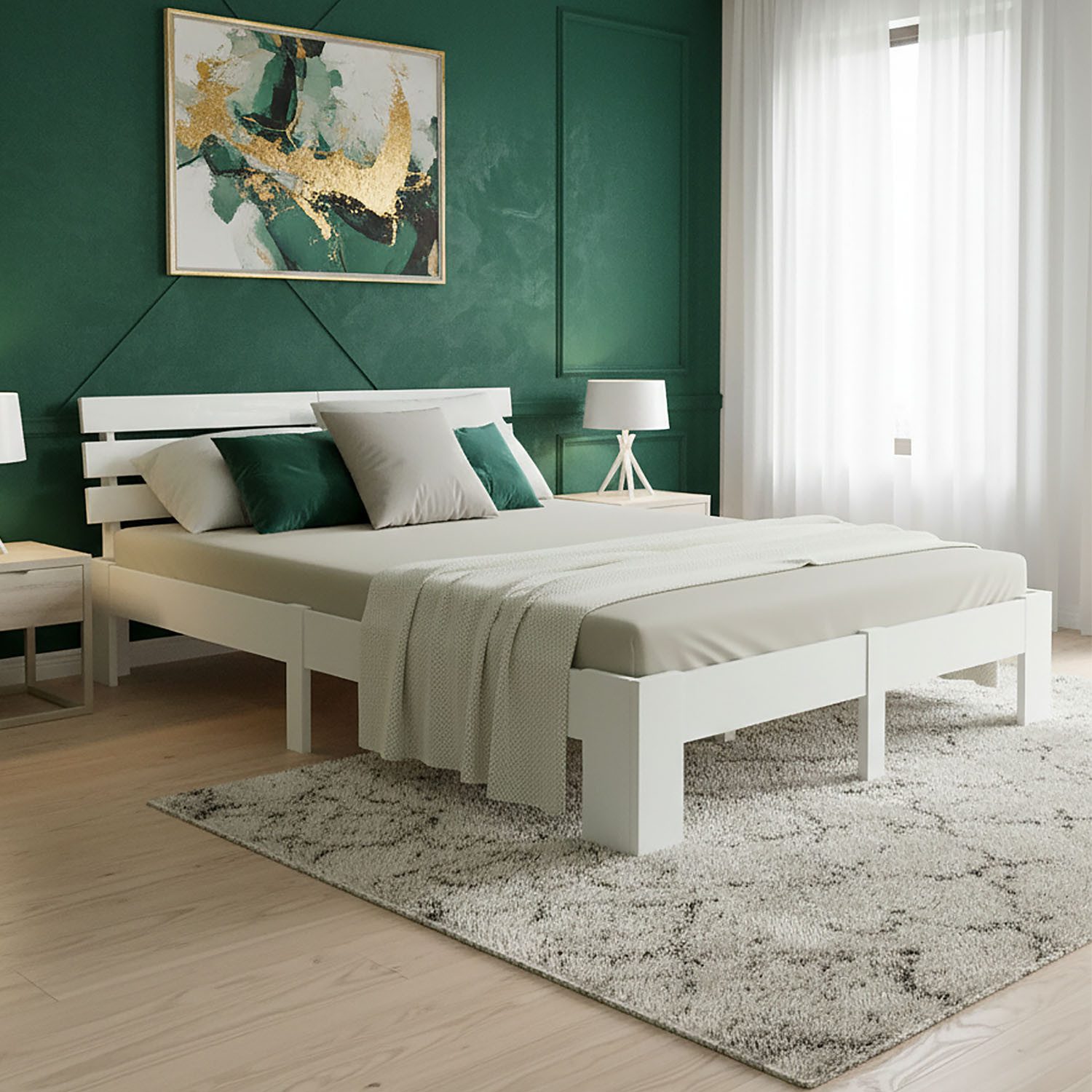 Homestyle4u Massivholzbett 90x200 120x200 140x200 160x200 180x200 Doppelbett Kopfteil Lattenrost (Set, mit Lattenrost, Weiß), 160x200, modern, stabil