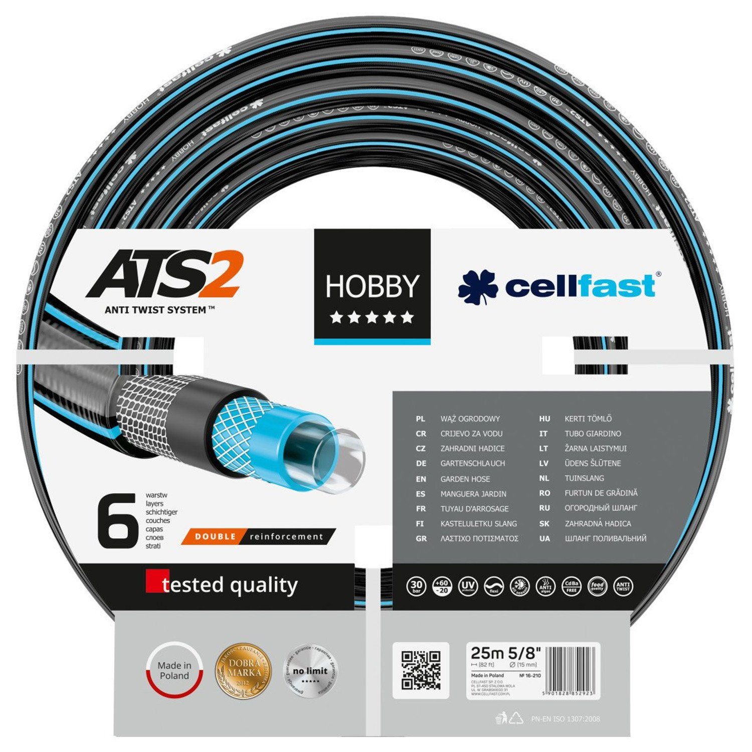 Gartenschlauch HOBBY ATS2, Ø 5/8" in 25 / 50 m - Doppelgeflecht aus Kreuz- u. Trikotgewebe [ATS2]; Beständig gegen UV-Strahlen, Algenablagerung, Zusammenrollen und Knotenbildungen