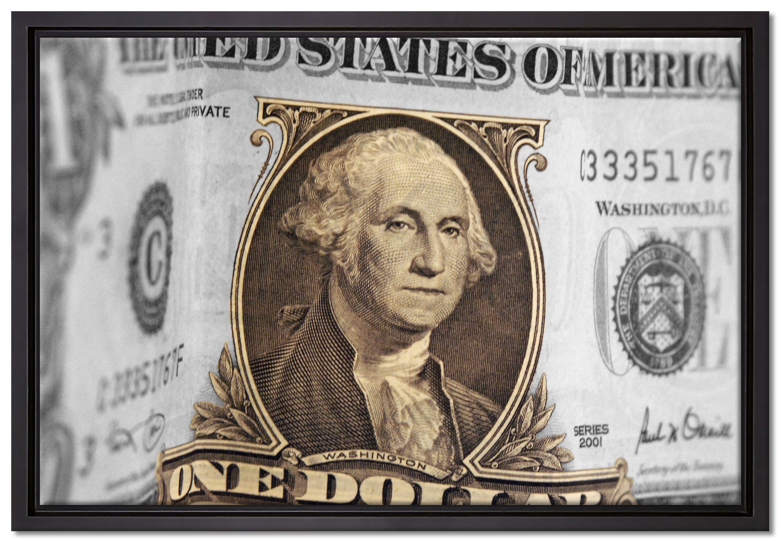 Pixxprint Leinwandbild Washington Dollarschein, Wanddekoration (1 St), Leinwandbild fertig bespannt, in einem Schattenfugen-Bilderrahmen gefasst, inkl. Zackenaufhänger