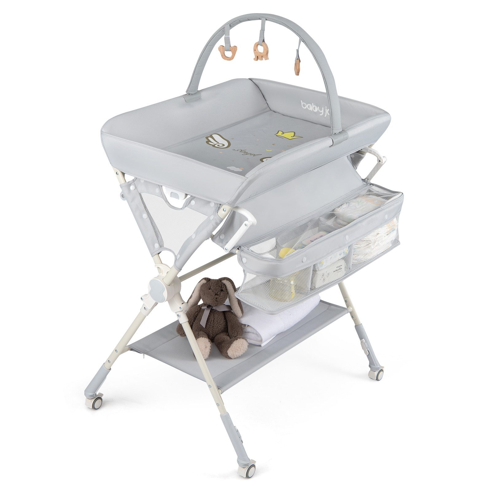 COSTWAY Wickeltisch Wickelkommode Klappbar mit Spielbogen, 3-stufig höhenverstellbar, mit Rollen