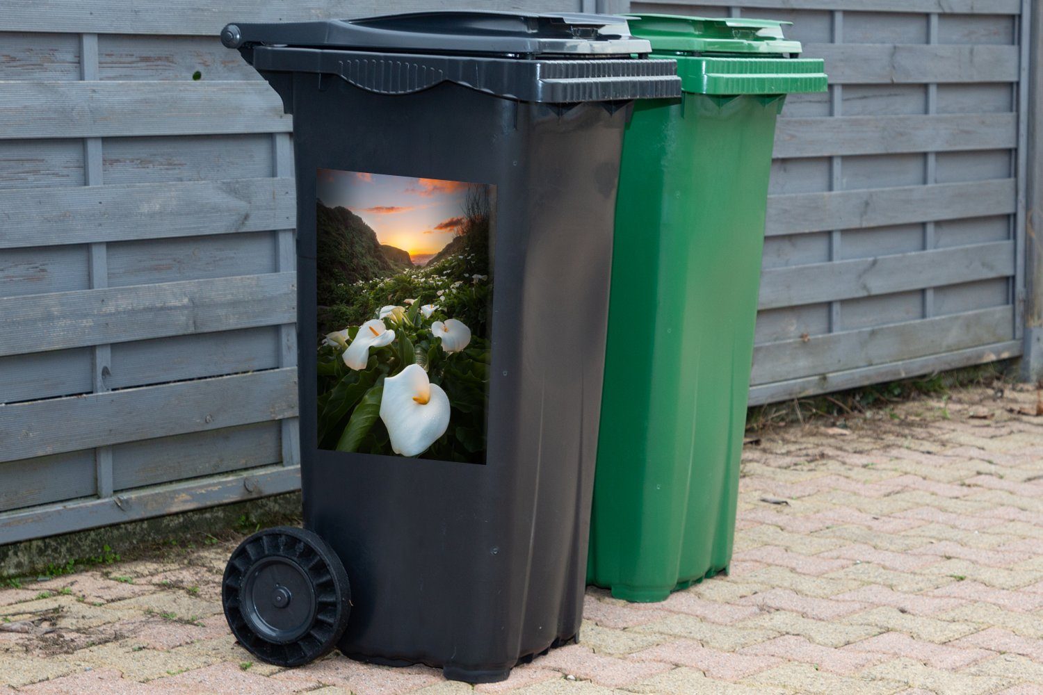 Mülltonne, Calla-Feld (1 Sticker, Abfalbehälter Sonnenuntergangshimmel St), Mülleimer-aufkleber, Container, über Wandsticker einem MuchoWow
