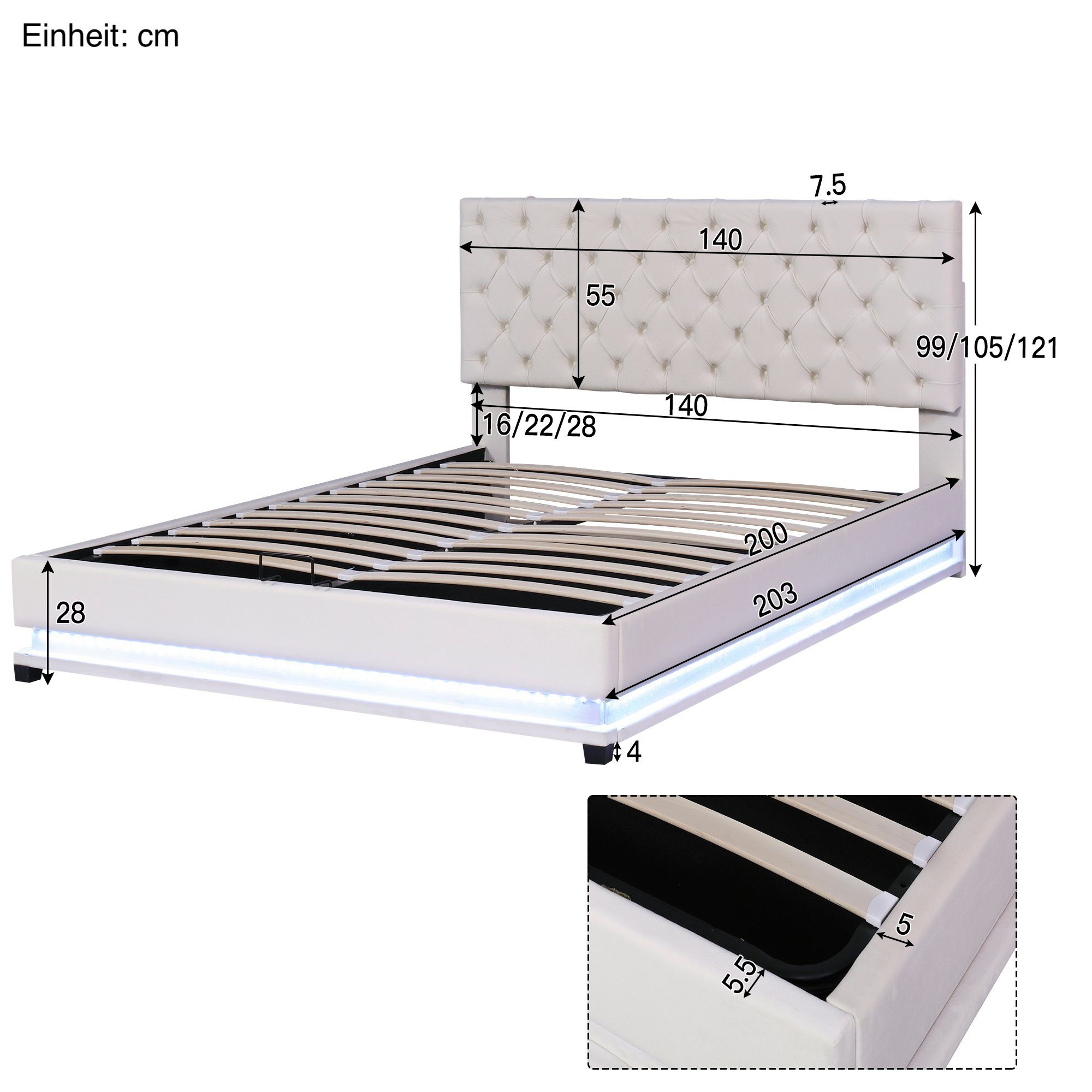 140x200 Polsterbett mit aus Samt Kopfteil beige höhenverstellbar, cm), Bettkasten, SOFTWEARY (Doppelbett gepolsterter und Lattenrost Bezug