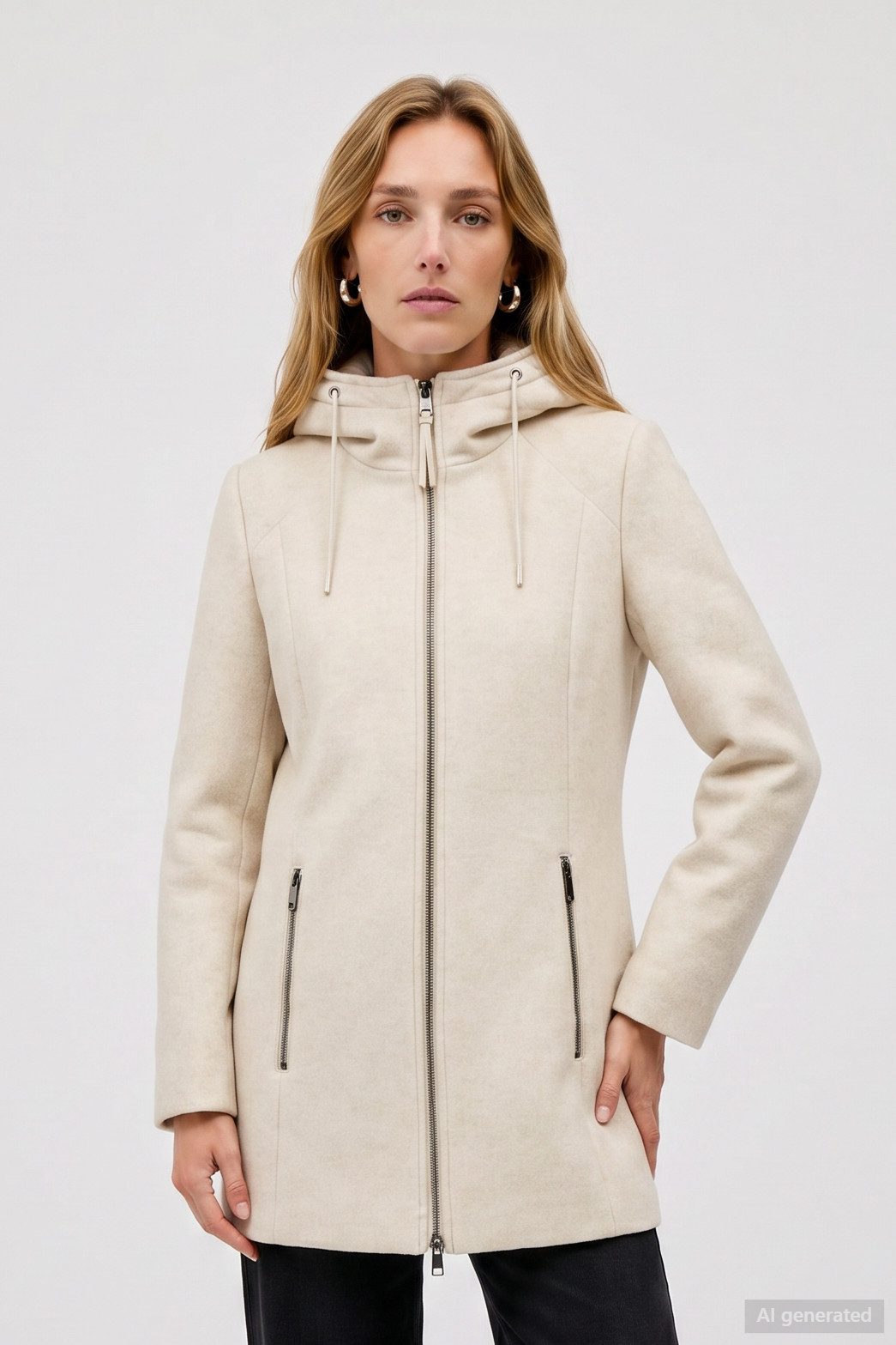 Barbara Lebek Wolljacke Damenmantel oder Wollmantel mit Kapuze in Beige