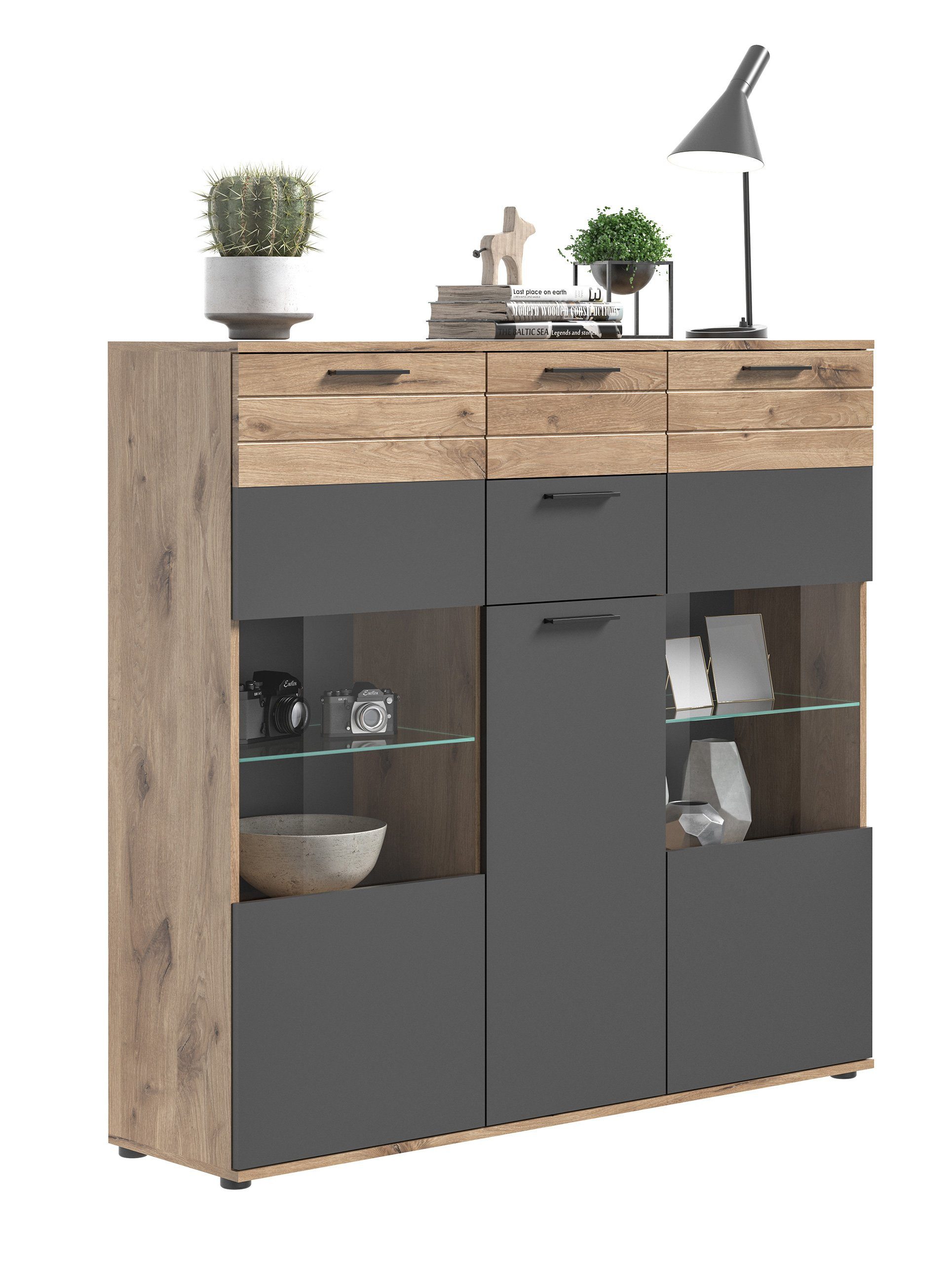 Newroom Highboard Eiche 134 cm, Highboard Basalt Grau Eiche Kommode Schrank Industrial Modern Wohnz...