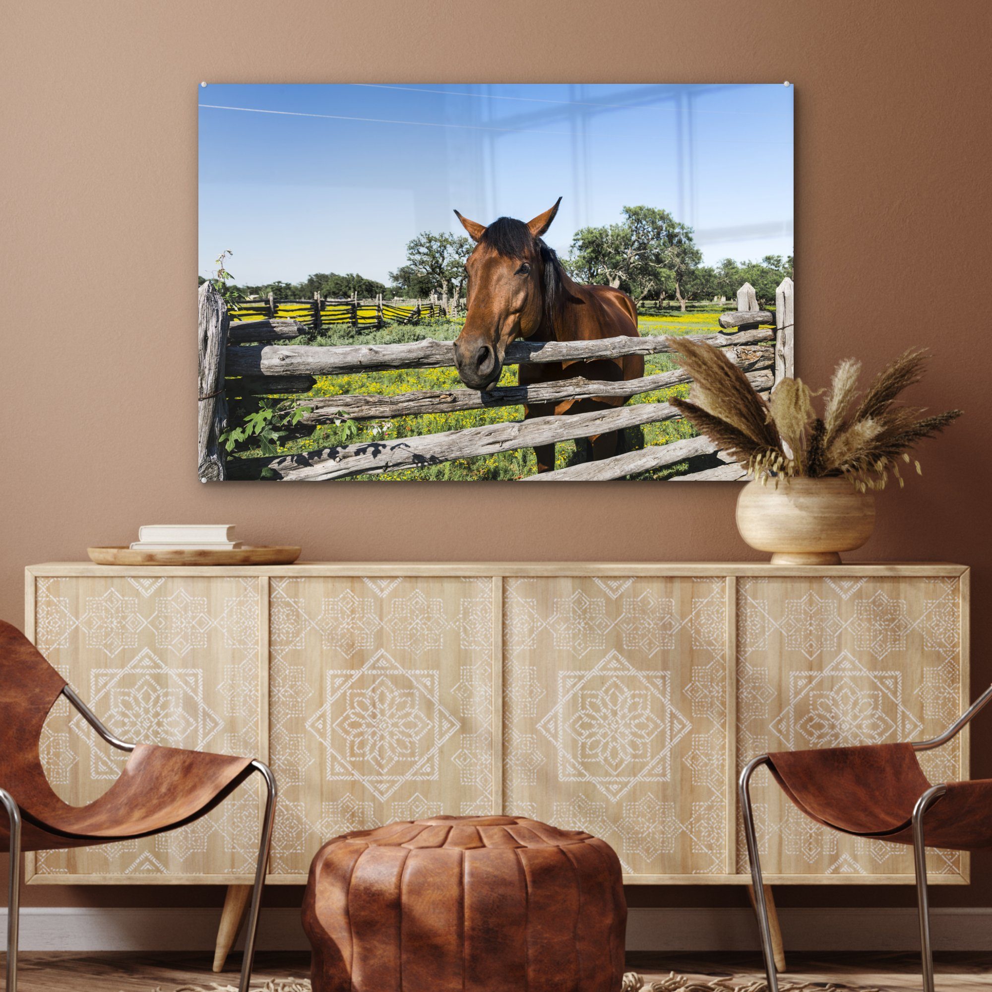Acrylglasbild Acrylglasbilder & St), - - Wohnzimmer Tiere Zaun, MuchoWow (1 Schlafzimmer Pferde