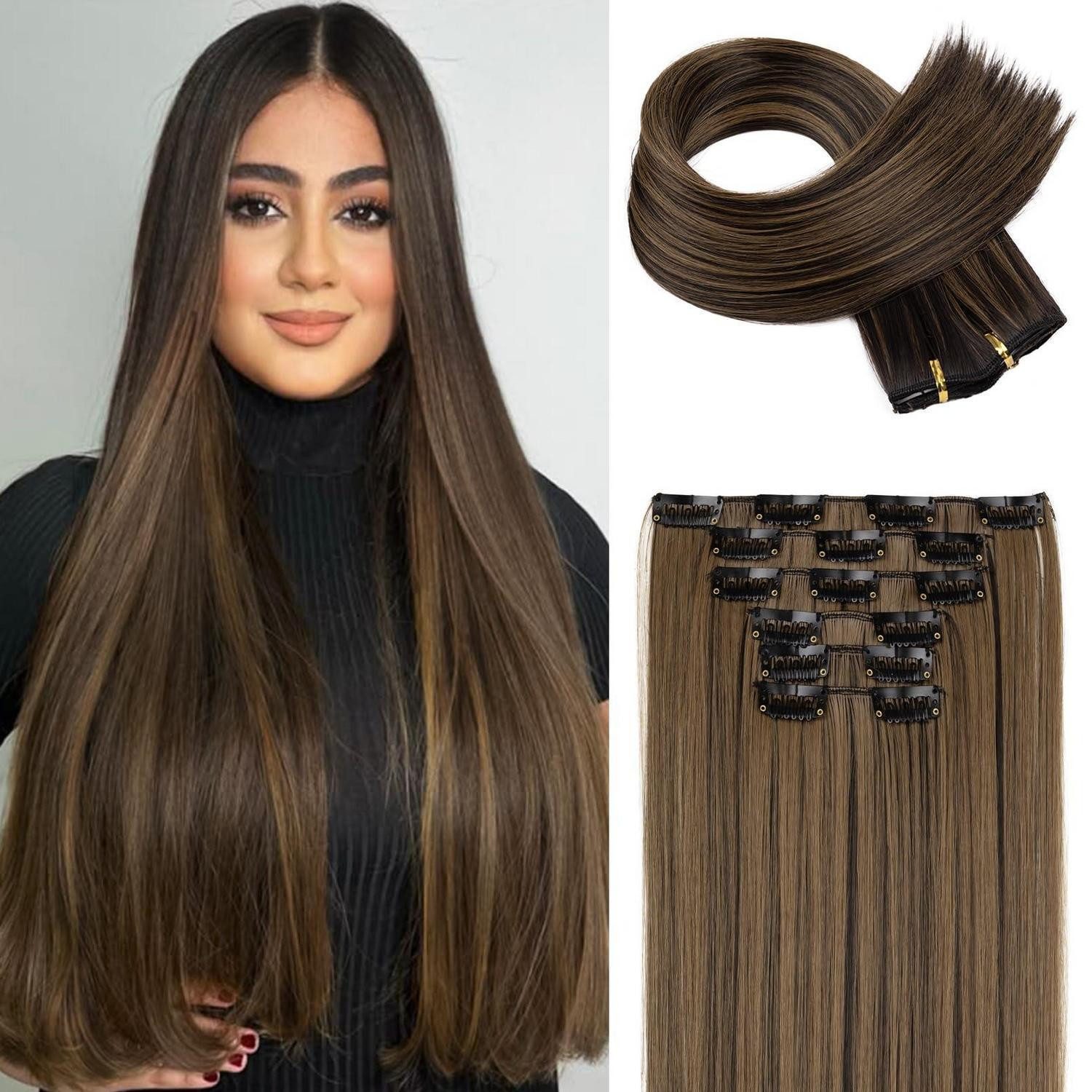 LuxusKollektion Kunsthaar-Extension Extensions Clip In 6teilig 61cm 61 CM Schwarzbraun mit Highlights