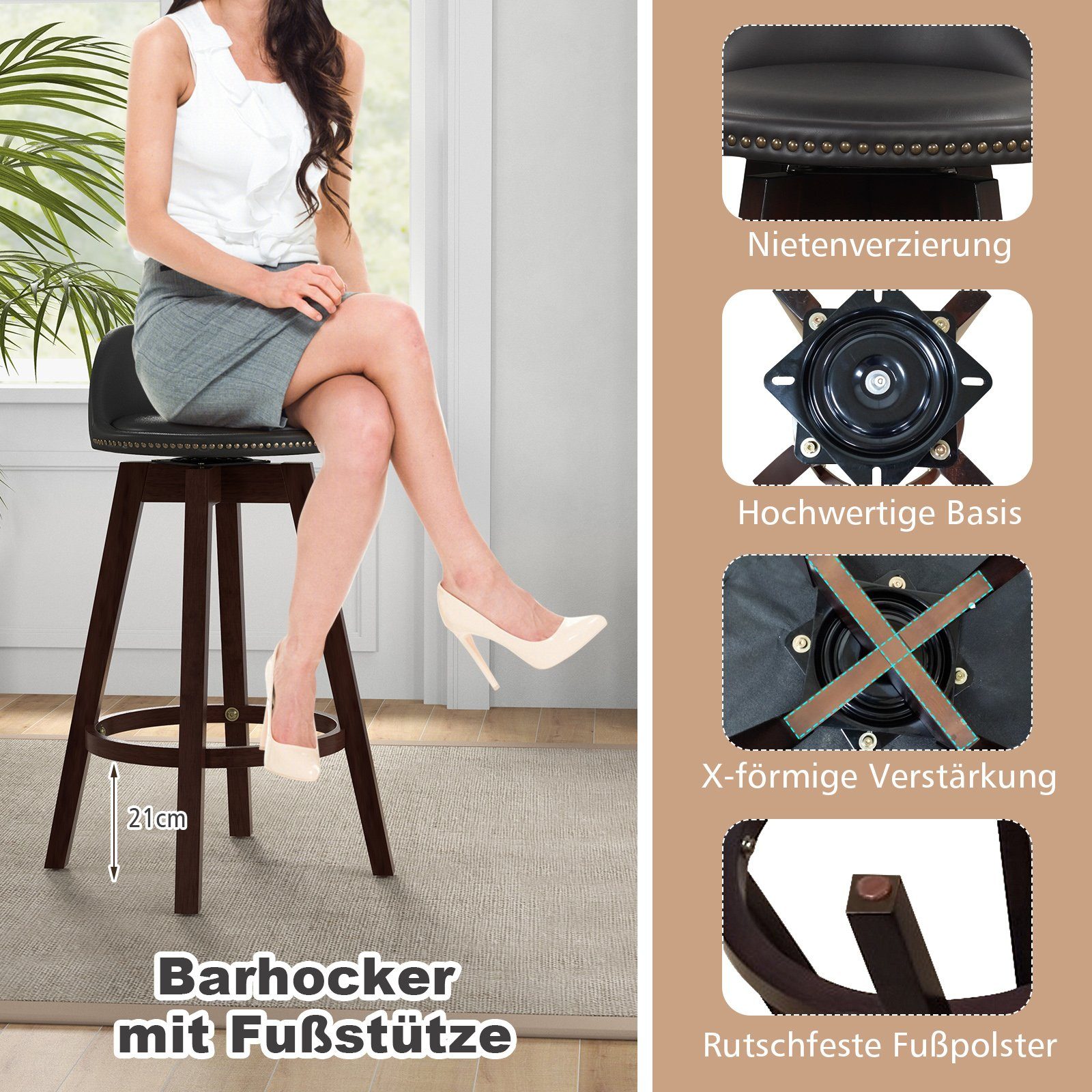 COSTWAY Barhocker, 2er Set, mit Lehne&Fußstütze, drehbar, Sitzhöhe 74cm, Holz