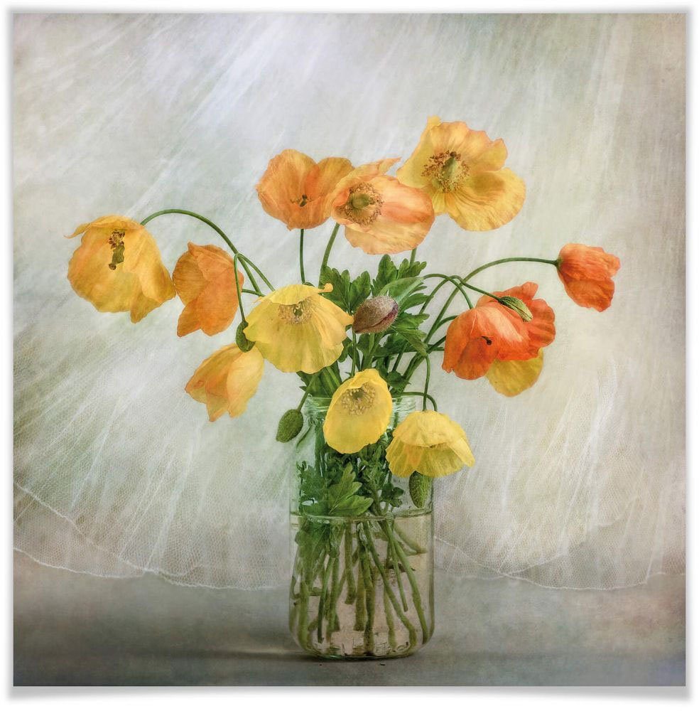 Wall-Art Poster Mohnblumen Bildoberfläche Die Blumen eine sorgt glänzende Bilderrahmen, (1 Orange brilliante Poster Gelb, für Farbwiedergabe ohne St)