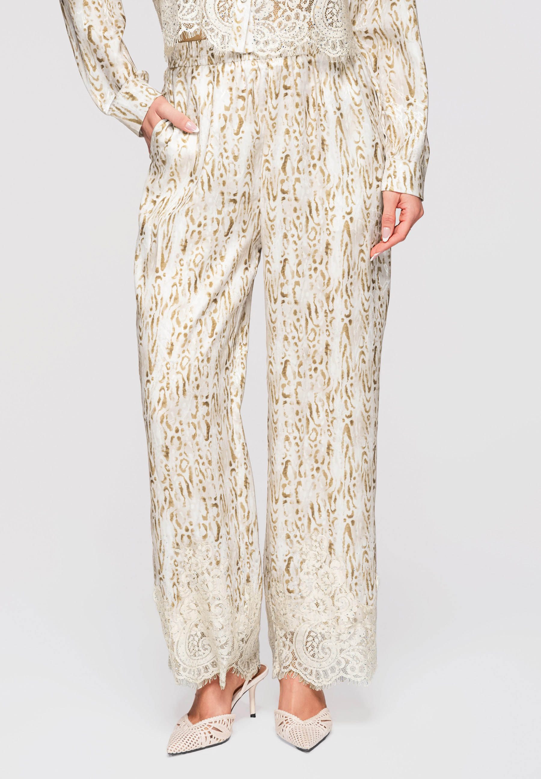 Palazzohose Damen Palazzo-Hose mit Spitze und Animal-Print Beige S/M