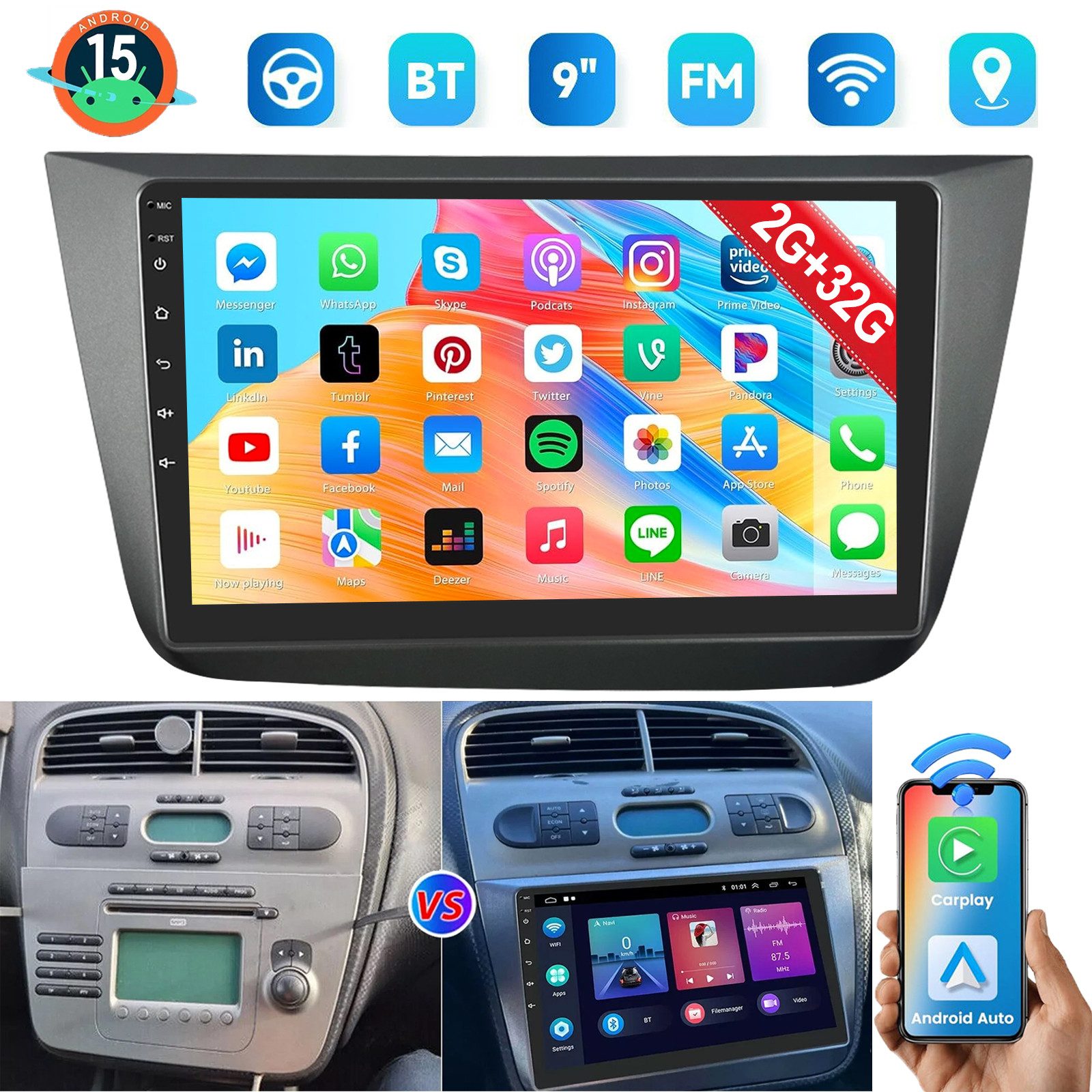 ESSGOO Für Seat Altea Toledo 2004-2015 Android15 mit CarPlay GPS Navi und RDS Autoradio (4+64GB(optional), FM, AM, DAB+ (optional), Carplay Android Auto Bluetooth EQ USB GPS Navi WIFI Touchscreen)