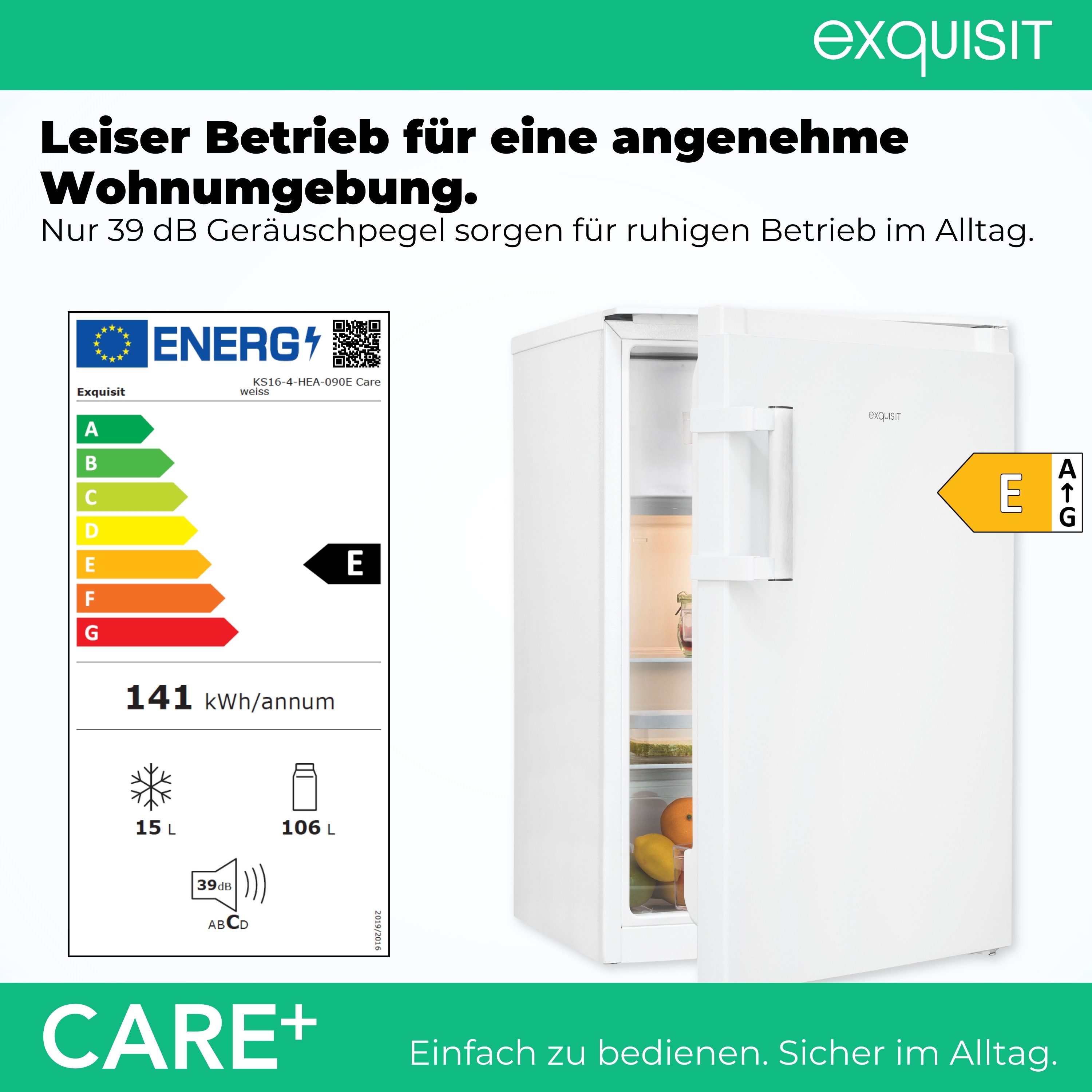 exquisit Kühlschrank KS16-4-HEA-090E Care weiss, 86,5 cm hoch, 54,5 cm breit, Kompakter Kühlschrank mit 4*-Gefrierfach, 106 l Kühlvolumen