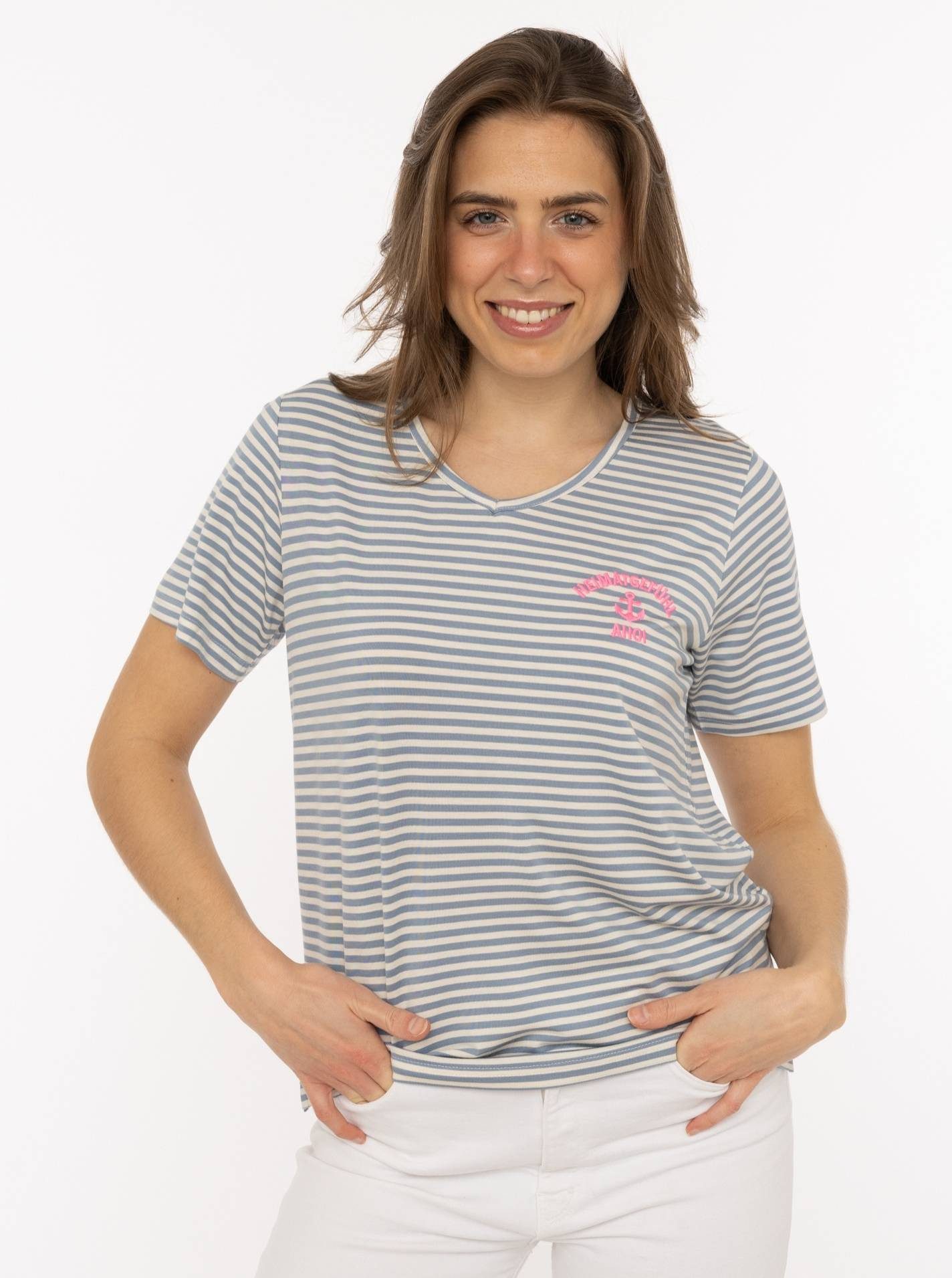 Zwillingsherz T-Shirt "Heimatgefühl" V-Neck, gestreift, kleines Motiv gestickt mit Anker