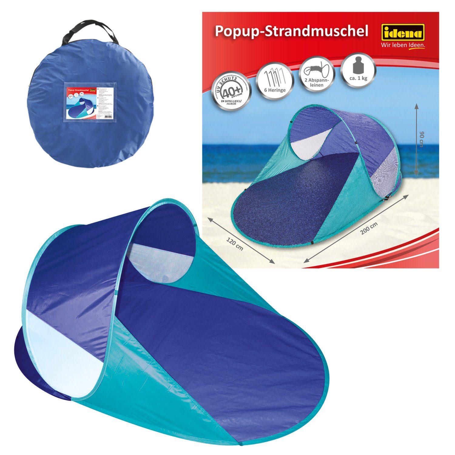Idena Strandmuschel Idena 7570010 - Pop Up Strandmuschel mit UV Schutz 40+, ca. 2 x 1,2 x, (1 Popup Strandzelt, 6 Heringe, 2 Abspannseile & 1 Tragetasche)