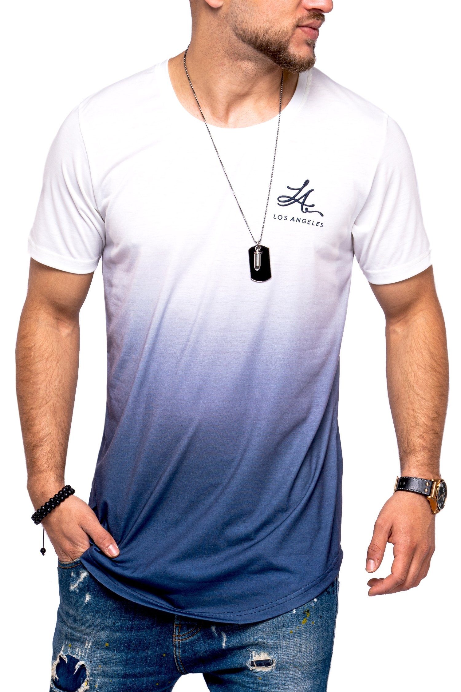 behype T-Shirt LA mit modischem Farbverlauf weiß-dunkelblau