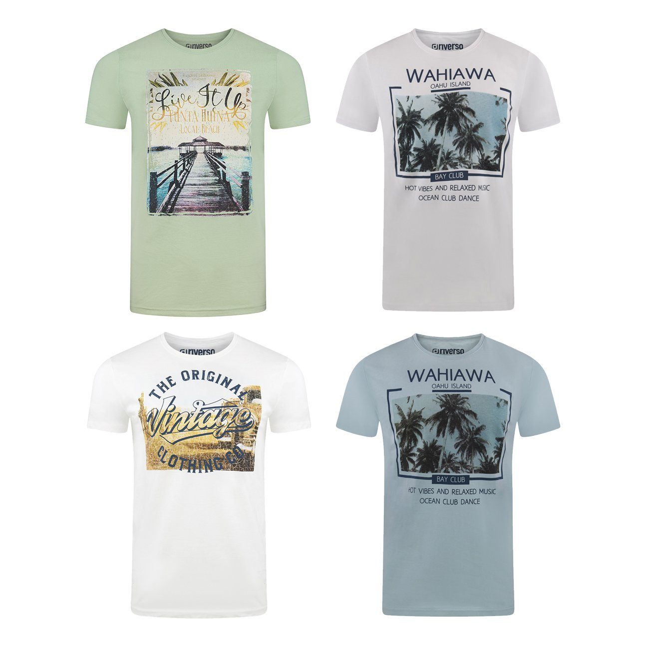 riverso T-Shirt Herren Printshirt RIVLukas 4er Pack Regular Fit (Vorteilspack, 4-tlg) Kurzarm Tee Shirt mit Rundhalsausschnitt aus 100% Baumwolle