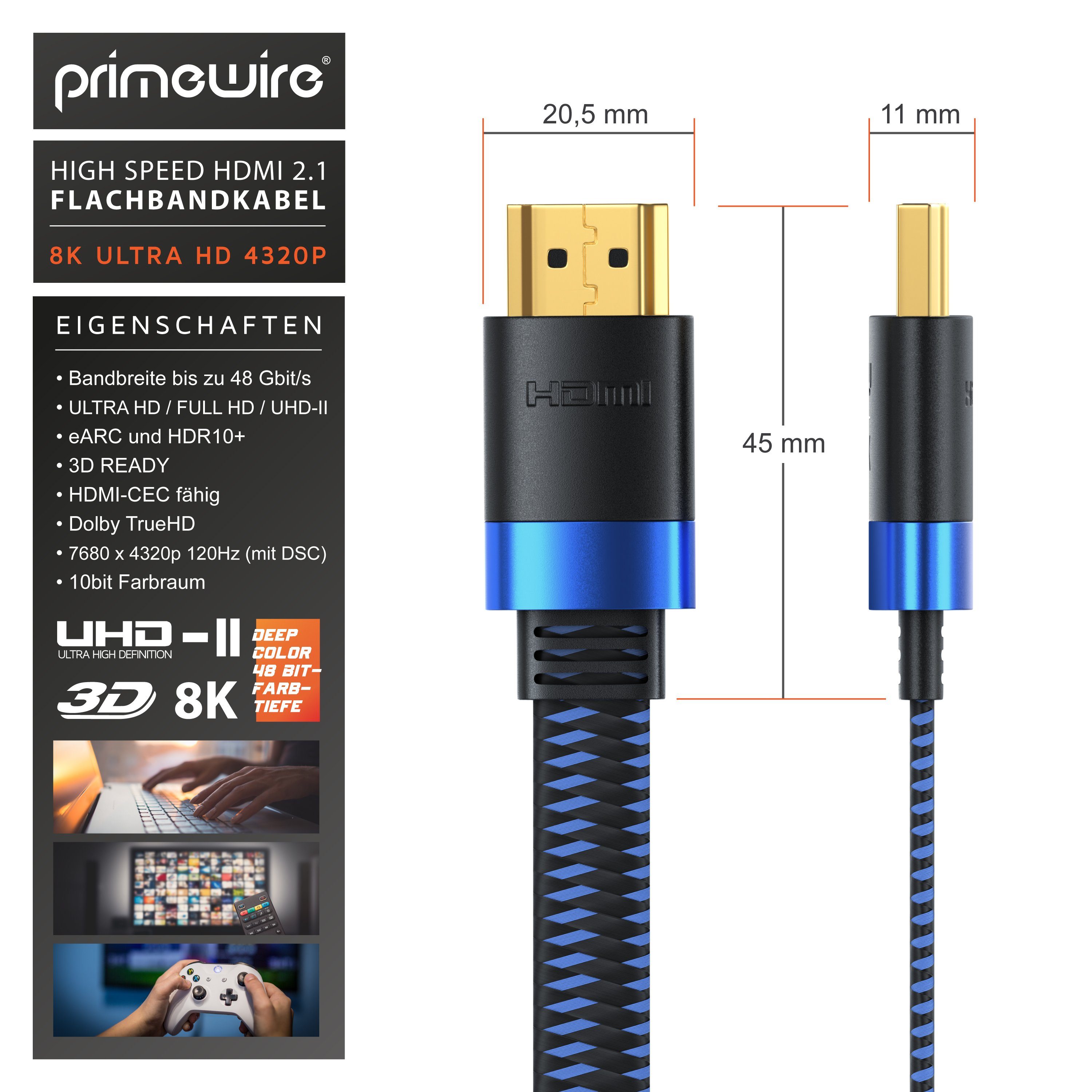 Primewire Flachbandkabel 8K @ 120 Hz, 4K @ 240 Hz DSC, UDH eARC HDR10+ flach 2m HDMI-Kabel, 2.1, HDMI Typ A (200 cm), Ultra High Speed, CEC, HDCP, ideal für Gam – Bild 2 von 5