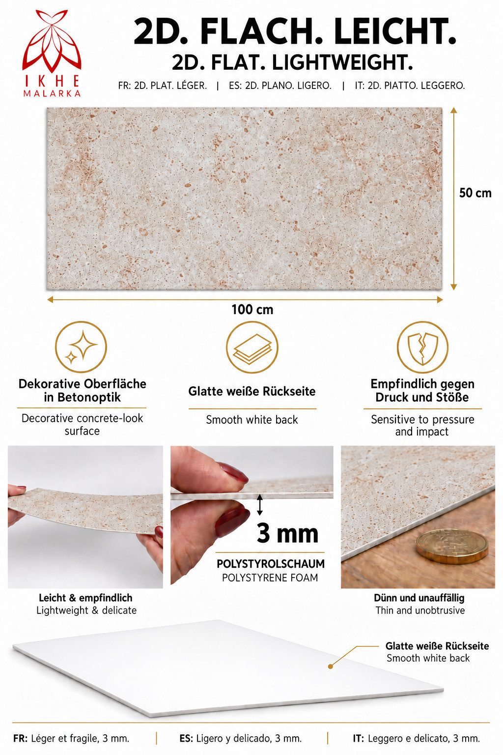 IKHEMalarka 3D Wandpaneel Betonoptik Marmor Ziegel aus Polystyrol Styropor XPS, BxL: 50,00x100,00 cm, 0,50 qm, (1 Stück, 0,5m) Deckenpaneelen - 3mm dick - 100x5 – Bild 5 von 5