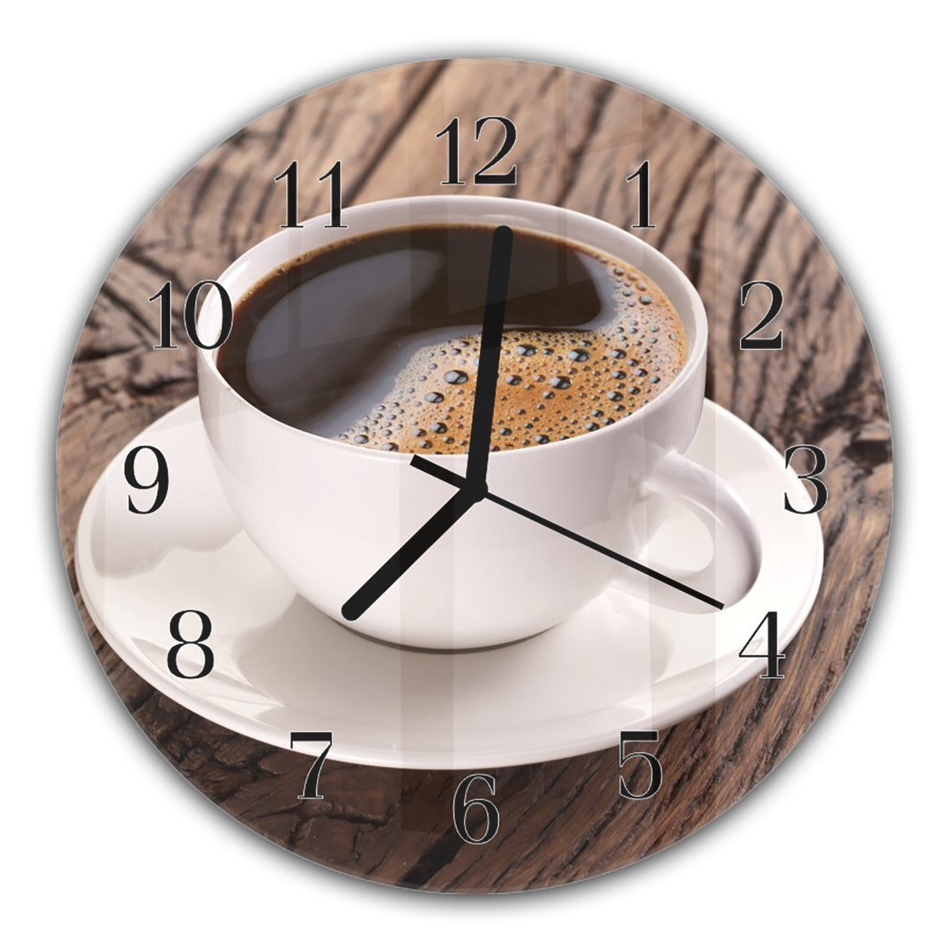 Primedeco Wanduhr Kaffee auf Glas cm aus - Durchmesser Tasse 30 Motiv mit Quarzuhrwerk Holztisch altem Wanduhr Rund mit und