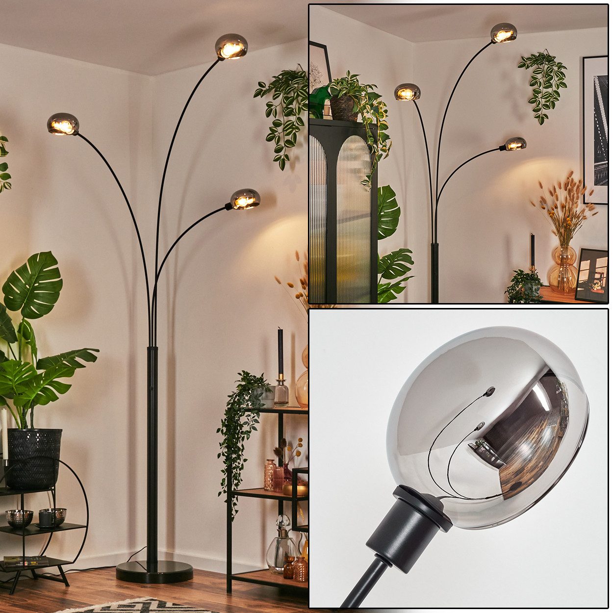 Stehlampe Stehlampe aus Metall in Schwarz/Chrom-/Rauchfarben/Weiß