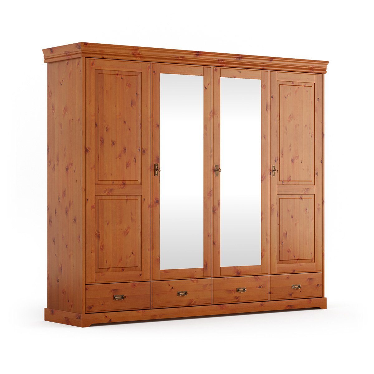 Natur24 Kleiderschrank Kleiderschrank Tuscany Kiefer massiv 4-Türig mit  Spiegel 253x62x218