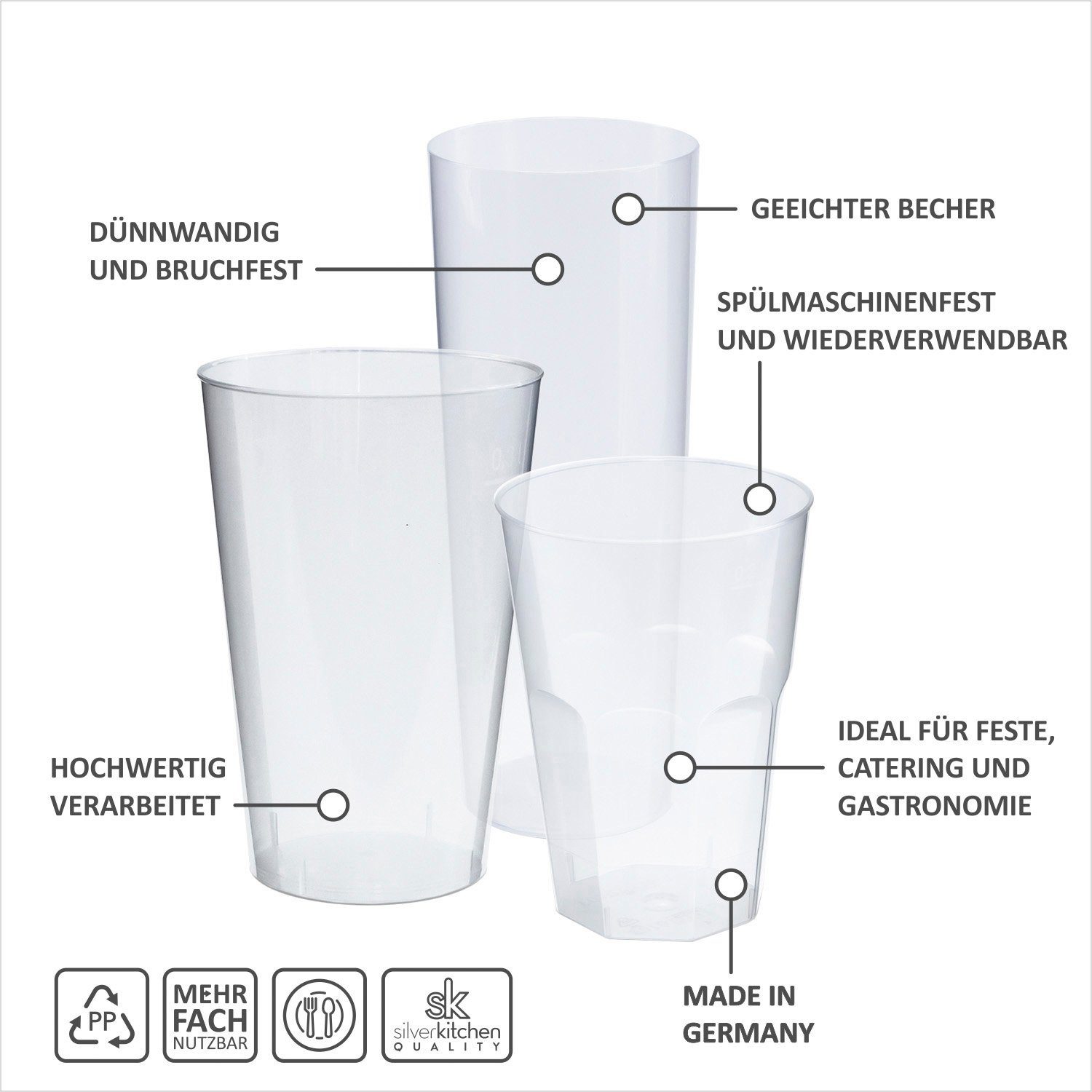 silverkitchen Mehrwegbecher Mehrwegbecher Plastik 0,4L, Polypropylen, (100-tlg), bruchsichere Cocktail Becher, Made in Germany