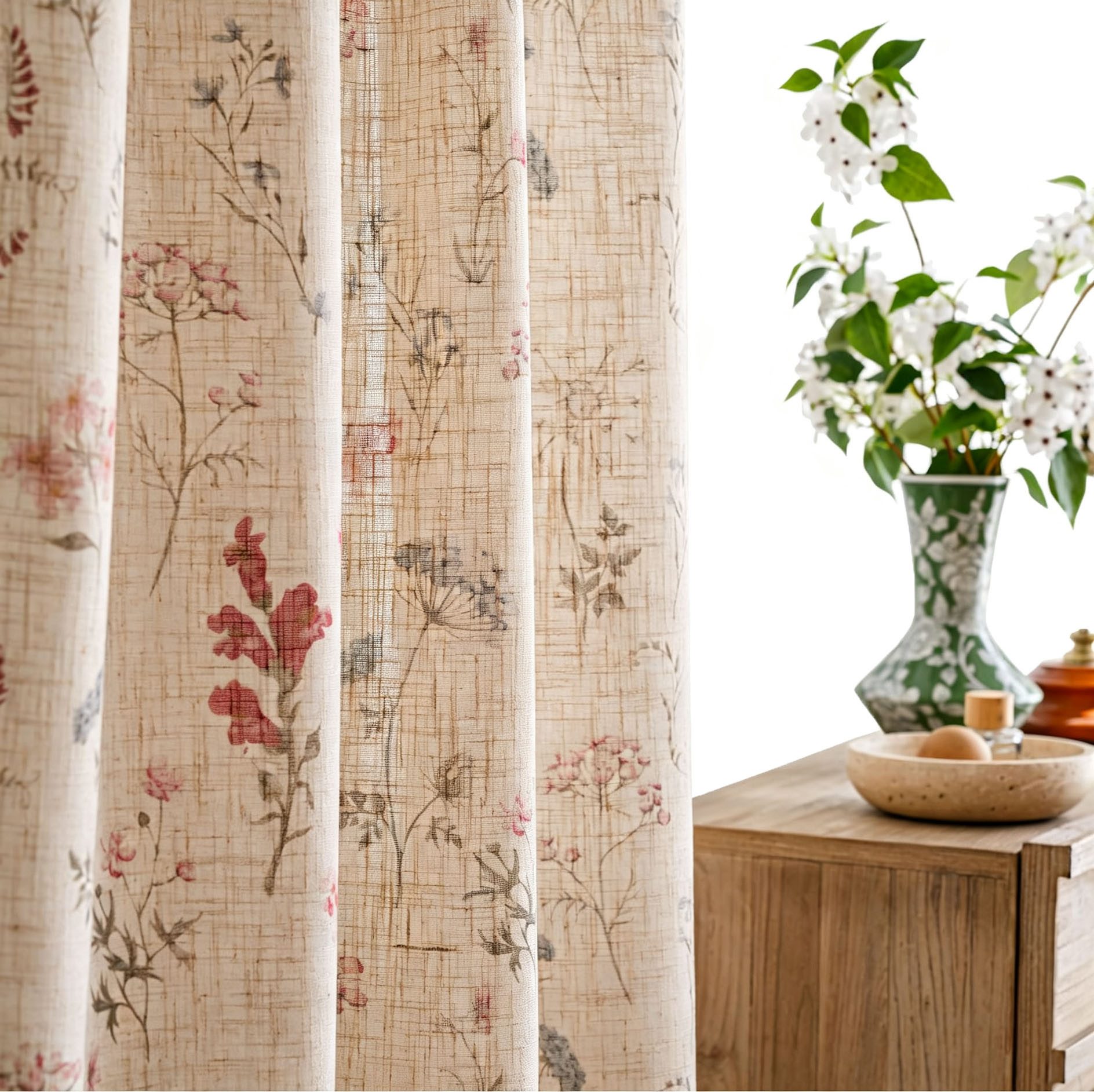 Diwzbyn Vorhang Boho-Blumen-Vorhang, halbtransparenter Vorhang im Landhausstil, Gardine
