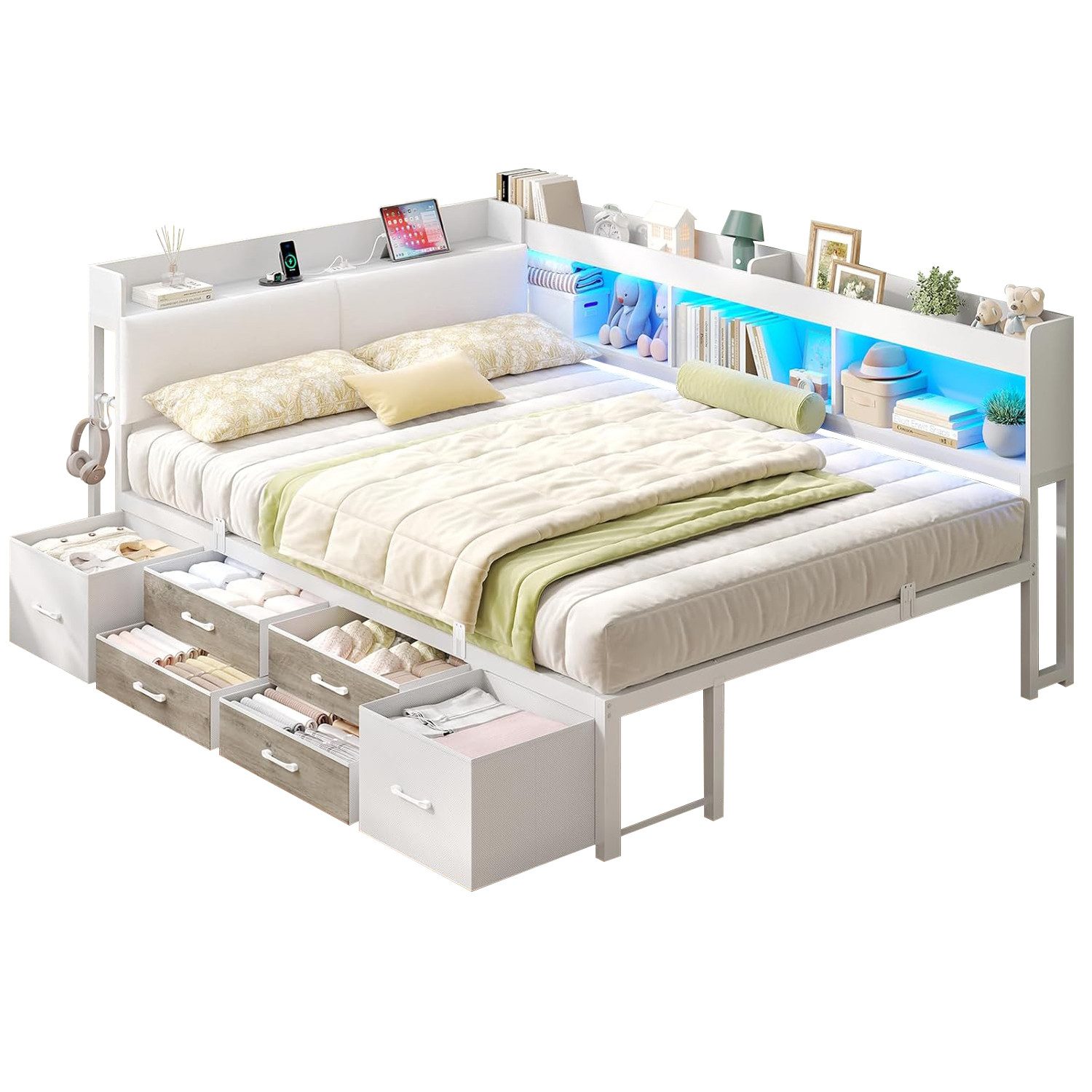 MSMASK Daybett Tagesbett Schlafsofa mit LED-Beleuchtung & Ladestation, Jugendbett mit 6 Staufächern und 6 Schubladen – Liegefläche 140x190 cm – Bild 3 von 5