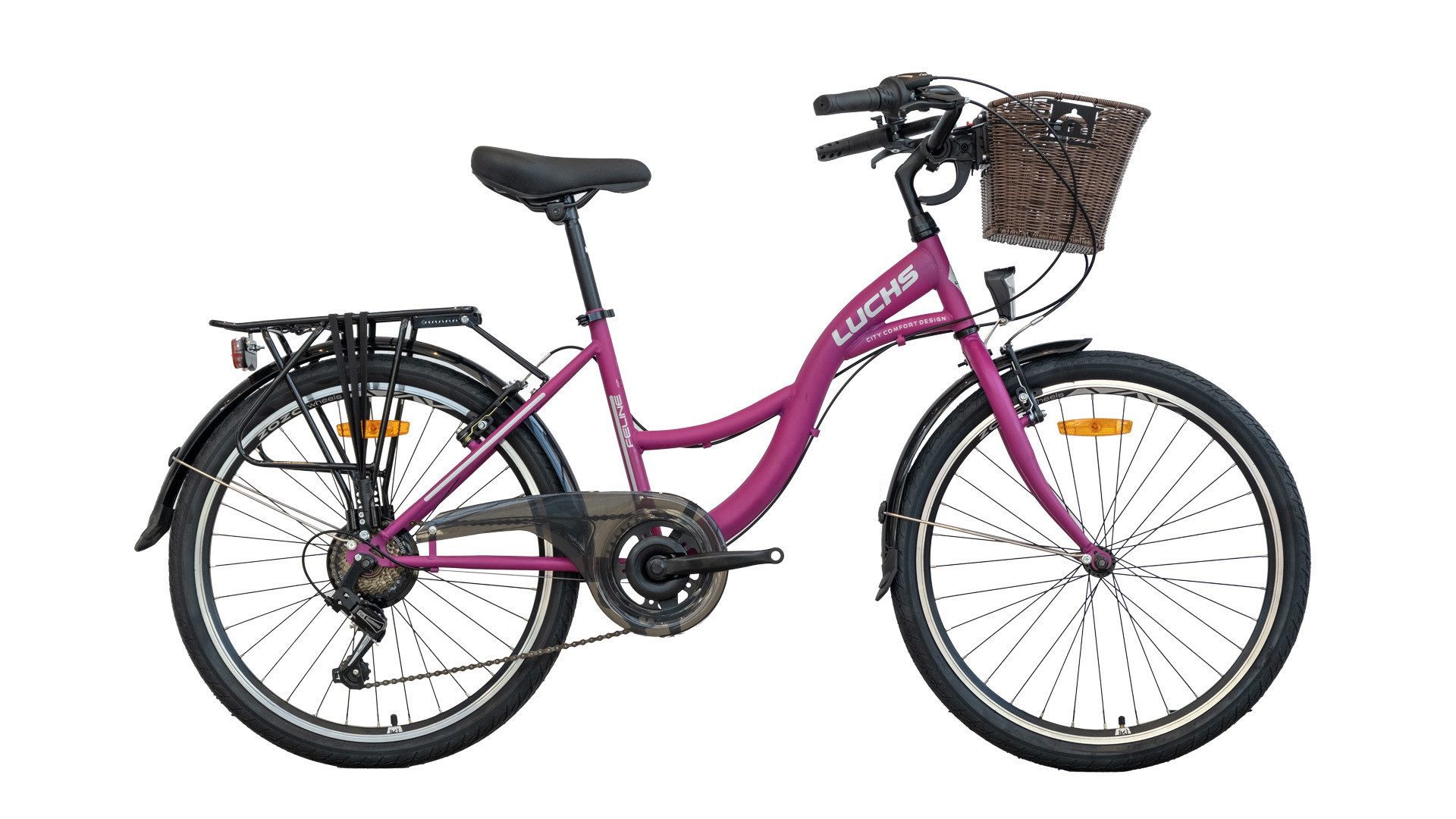 Cityrad Elegantes 26 Zoll – LUCHS Feline in Lila mit Abnehmbarem Rattankorb