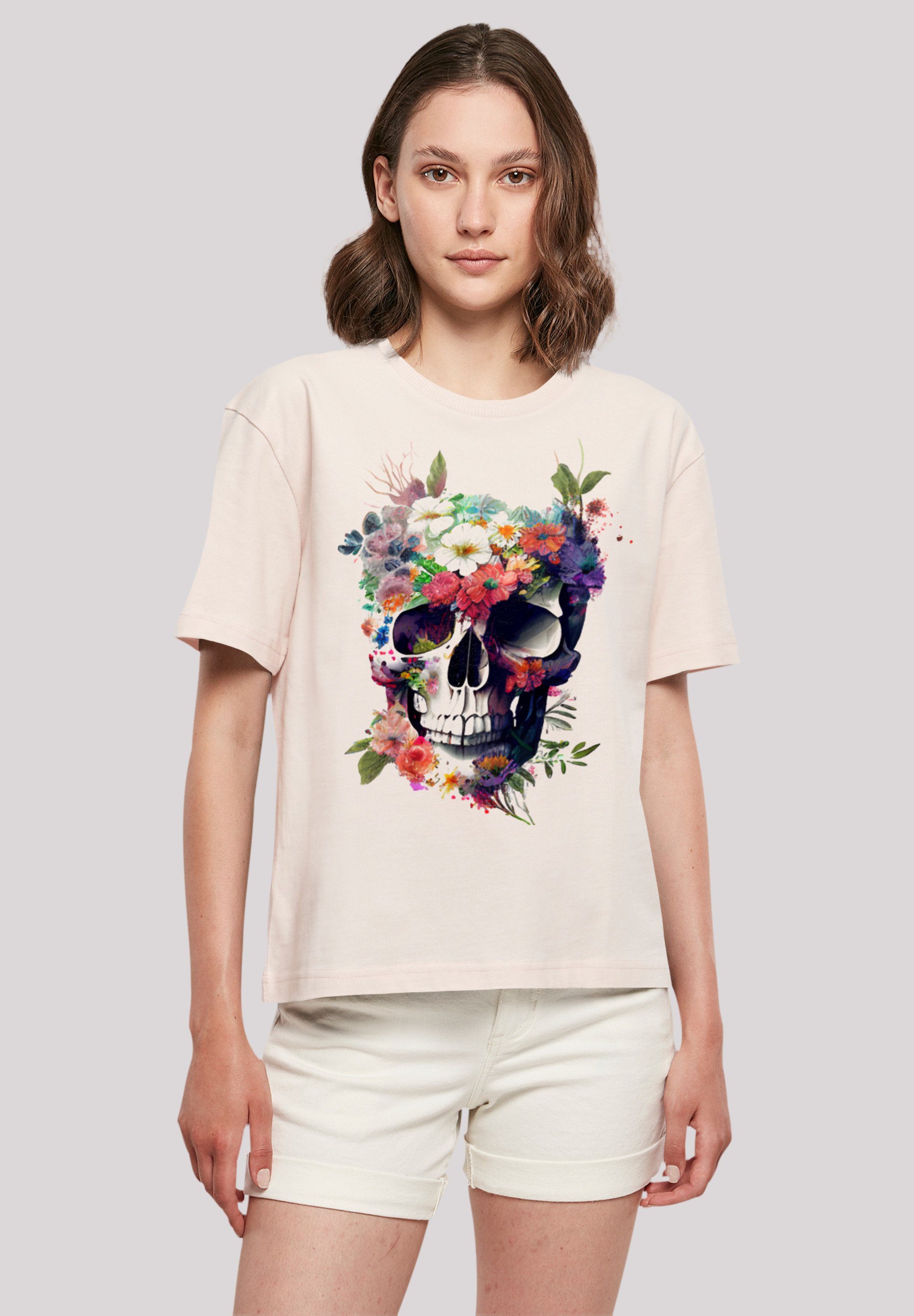 Totenkopf Look für F4NT4STIC stylischen Rundhalsausschnitt Gerippter Blumen Print, T-Shirt