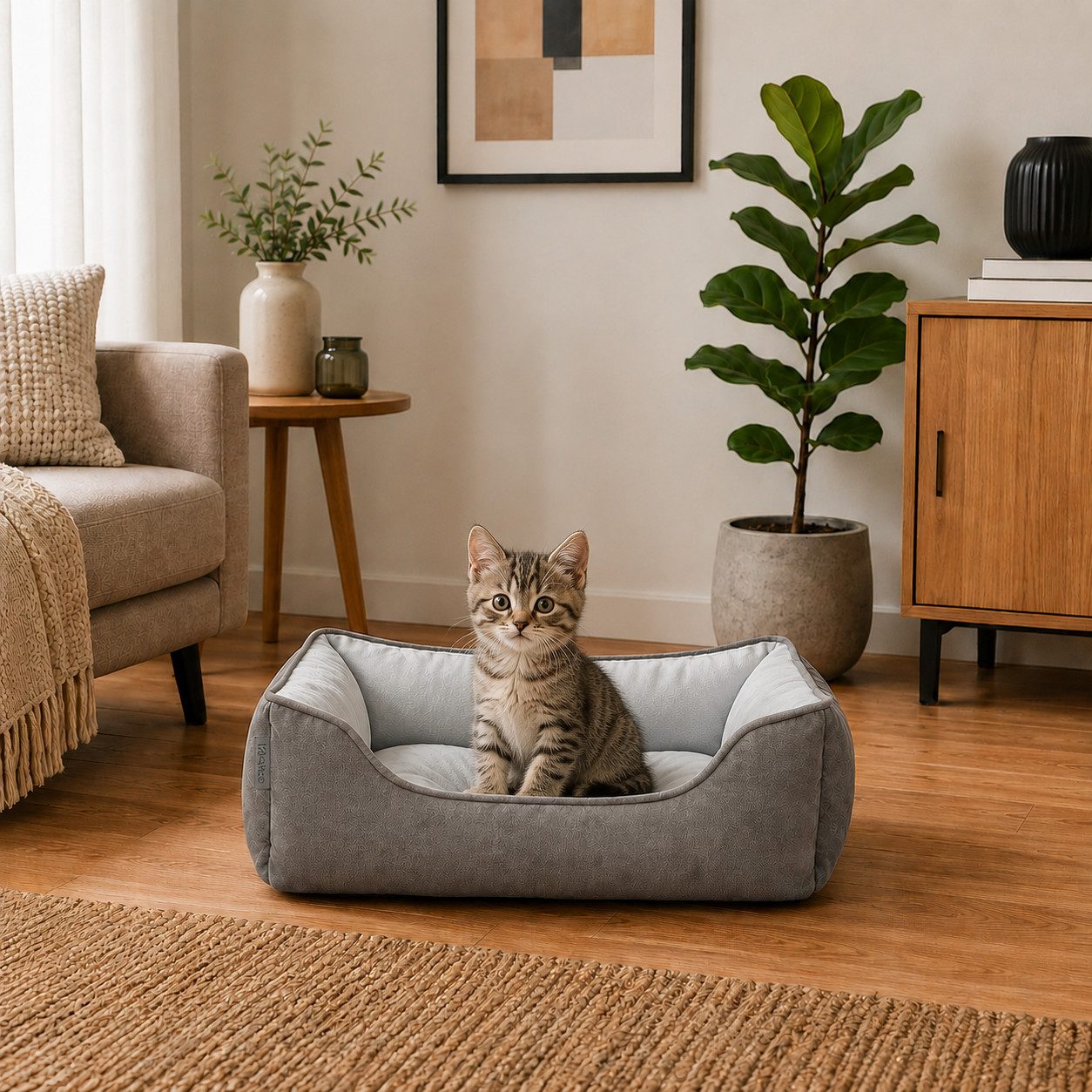 belviona Tierkissen für Katzen, Katzenbett Wildlederimitat, 60x50 cm, hellgrau/dunkelgrau, Wildlederimitat, Katzenkörbchen wendbar, mit 2-in-1 Funktion