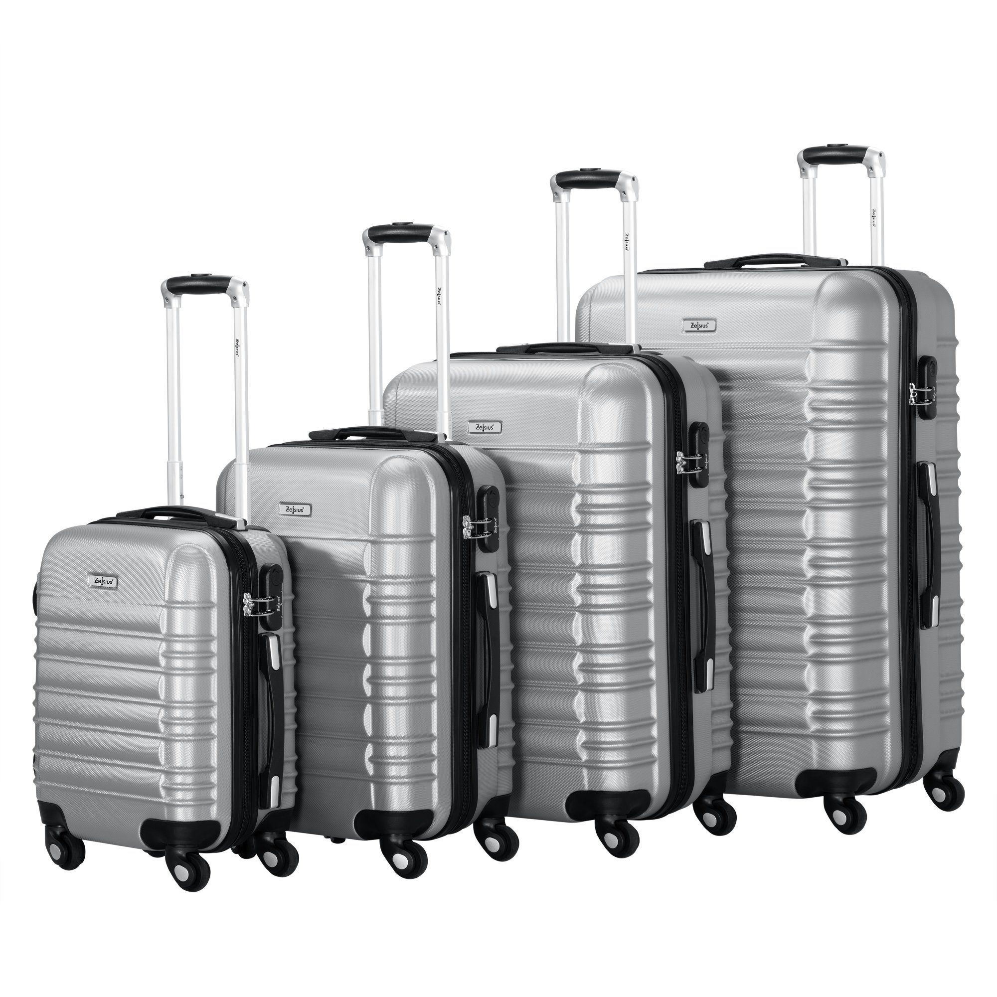 Zelsius Kofferset 4er Set, Grau, ABS Hartschalenkoffer, Zahlenschloss, Innen Trennwand, 4 Rollen