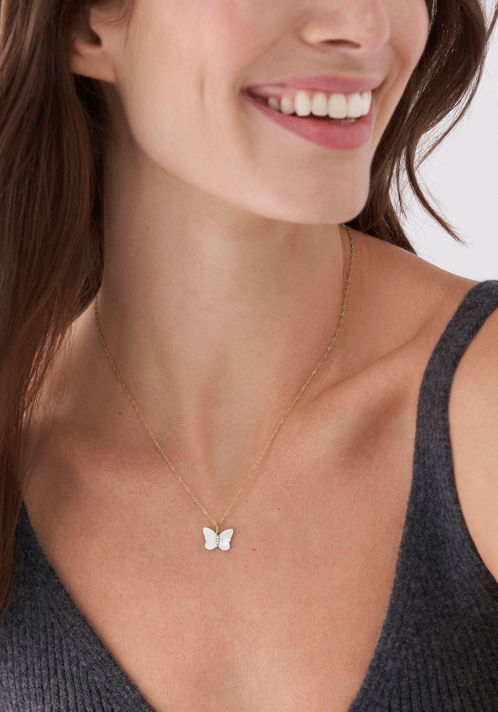 Fossil Kette mit Anhänger Schmuck Geschenk Edelstahl Halskette JEWELRY Schmetterling, mit Zirkonia (synth) - mit Perlmutt – Bild 4 von 4