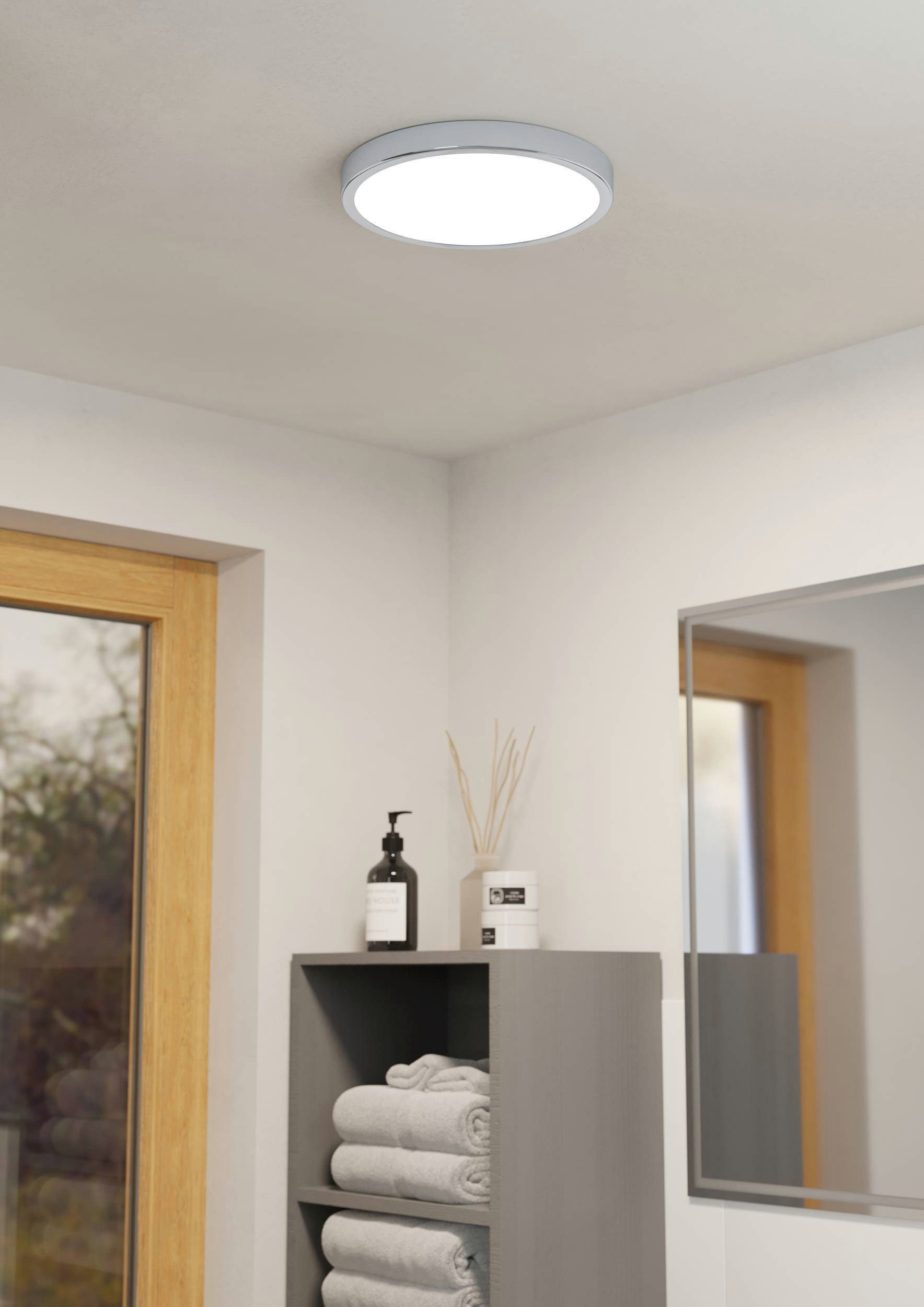 EGLO Aufbauleuchte Fueva 5 Deckenlampe, Badlampe, Stahl und Kunststoff, chrom, weiß, IP44, LED fest integriert, Warmweiß, Ø 28,5 cm, Aufbauleuchte, Bad-Deckenlampe, LED Aufbaulampe, IP44