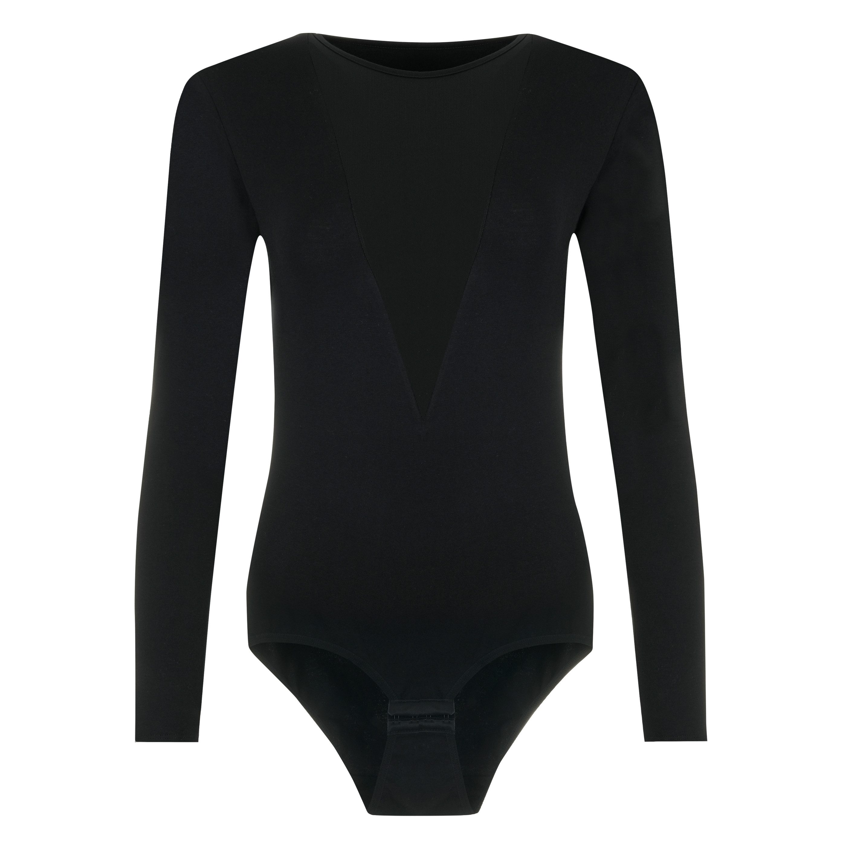 Evoni Body Damen Langarmbody V-Dekollete Tüll Blickdicht