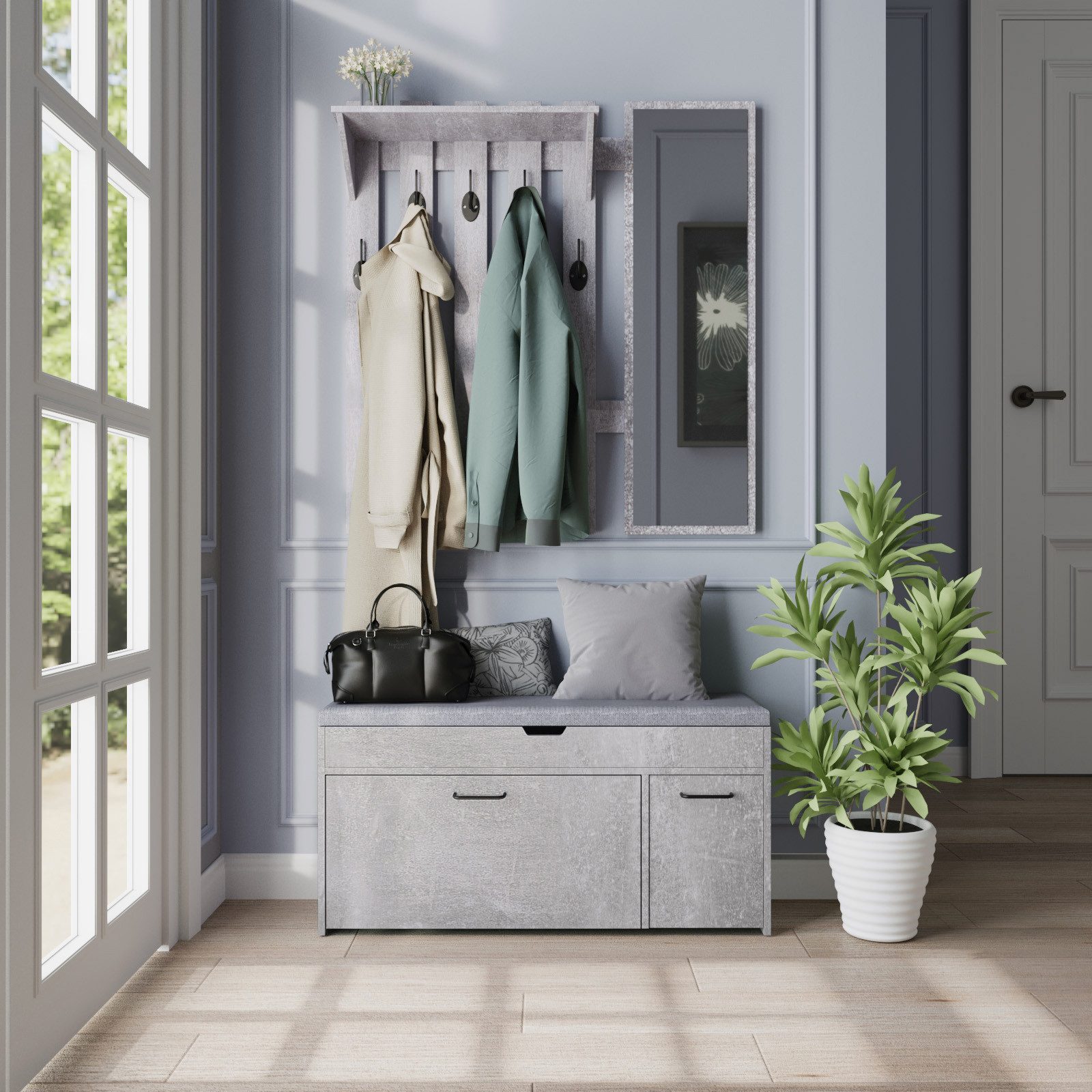 Mondeer Schuhbank Schuhhocker, mit Sitzfläche, mit Klappschublade, 100 x 30 x 52 cm, Weiß + Grau