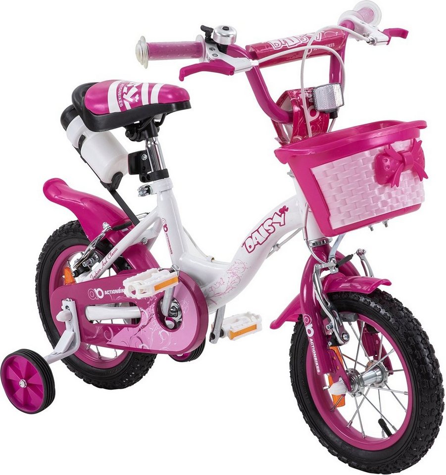 Actionbikes Motors Kinderfahrrad Kinder Mädchen Fahrrad Daisy inkl. Korb, 1  Gang, ohne Schaltung, (12 Zoll, ab 95 cm Körpergröße, max. Zuladung 35 kg,  Trinkflasche inkl. Halterung, abnehmbare Stützräder, Klingel, Reflektoren,  Antirutschgriffe