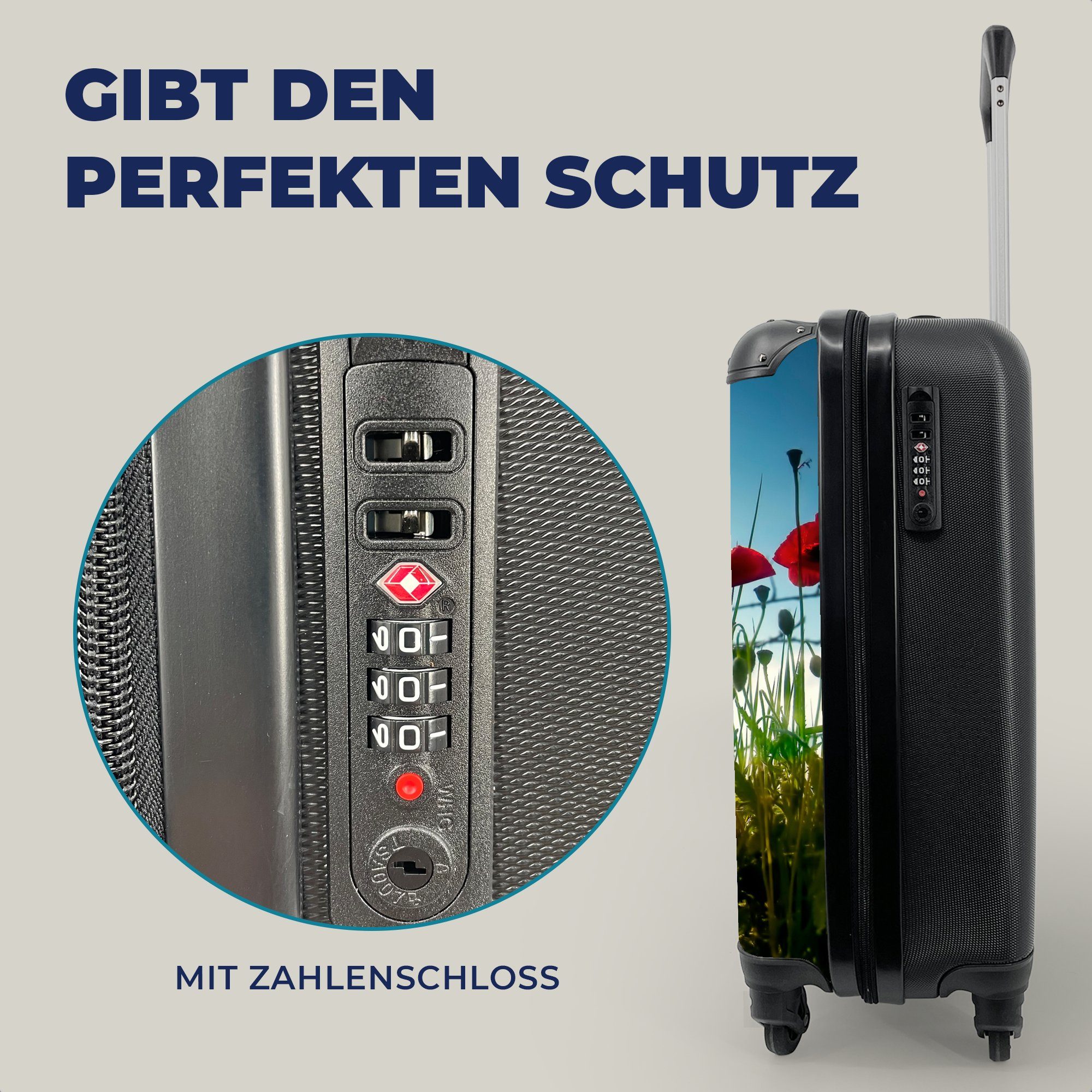 MuchoWow - Blau, Ferien, - Trolley, Toskana - Sonne Rot Mohnblumen für Reisekoffer Handgepäckkoffer Handgepäck Rollen, mit rollen, 4 Reisetasche -