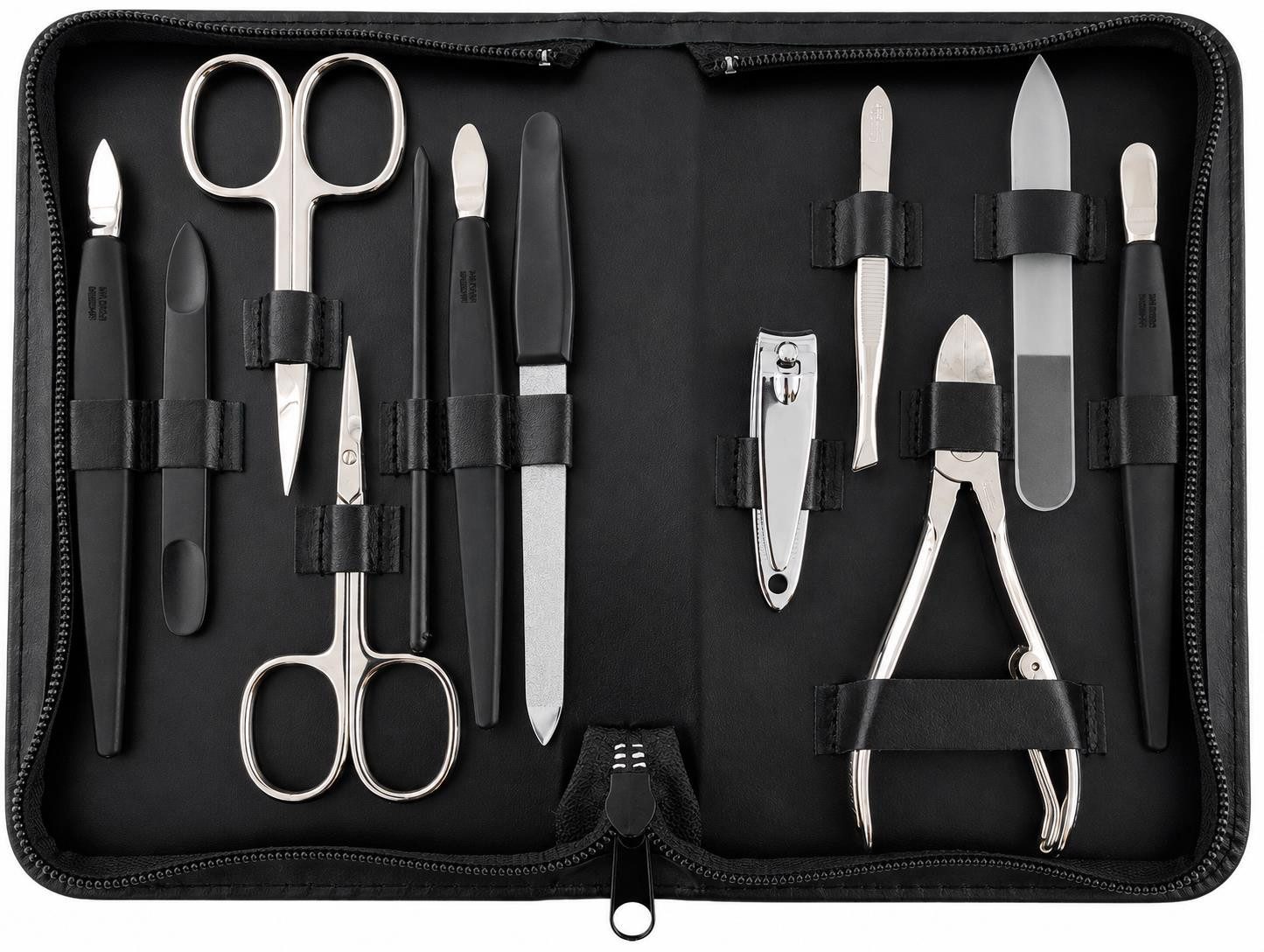 EloModa Maniküre-Kosmetik-Etui 12teiliges Solingen* Maniküre Set mit Leder-Etui Nagelpflege, Made in, 12 tlg., Made in Germany, Solinger Qualität, Echtleder-Etui, Gehärteter Stahl