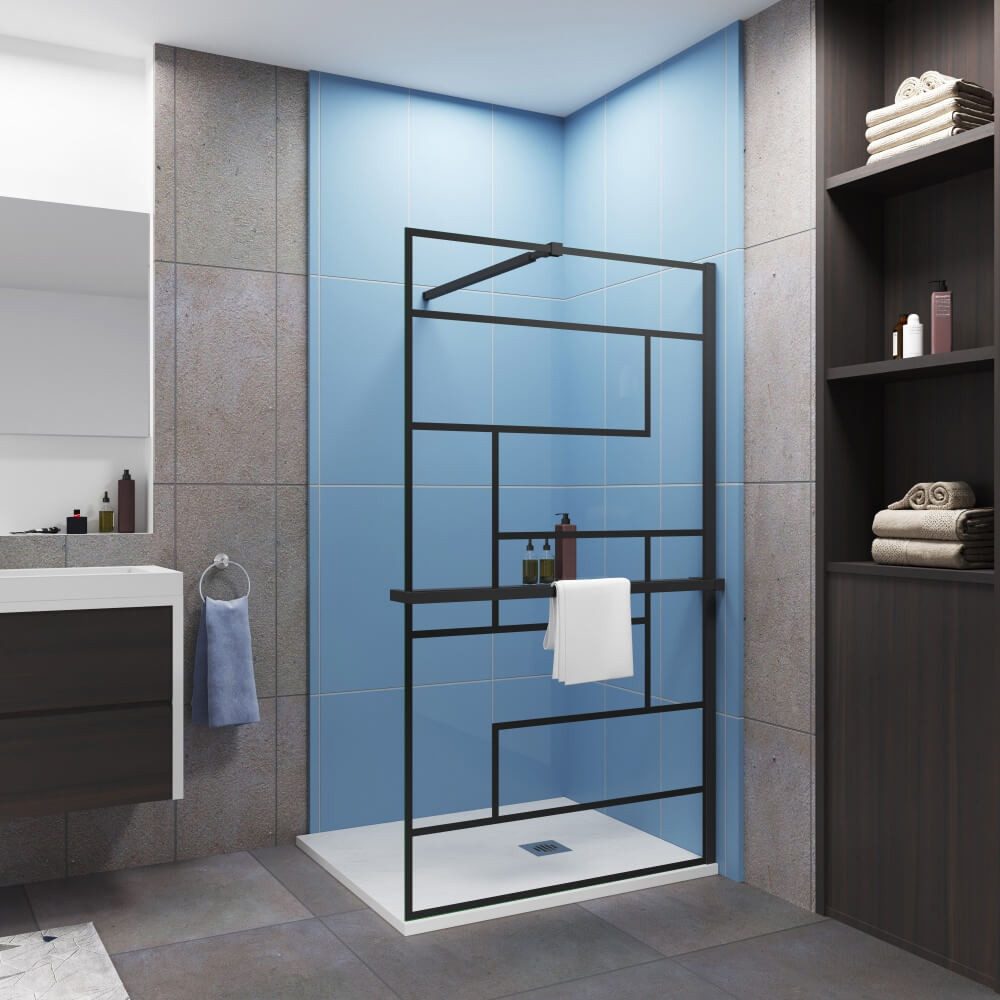 Duschparadies Walk-in-Dusche 200cm 8mm ESG Schwarz mit Handtuchhalter Walk-in Duschabtrennung, Einscheibensicherheitsglas